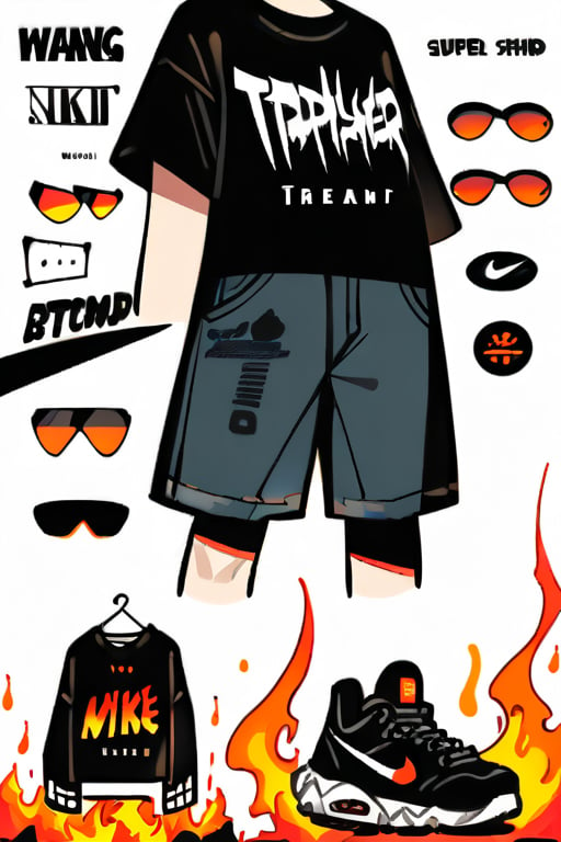 Beautiful, masterpiece, super detailed, 1girl (black Thrasher brand t-shirt with a flame design on the front, loose-fitting, knee-length denim shorts, black Nike sneakers with white details, dark sunglasses) (fire "wang gang" text)