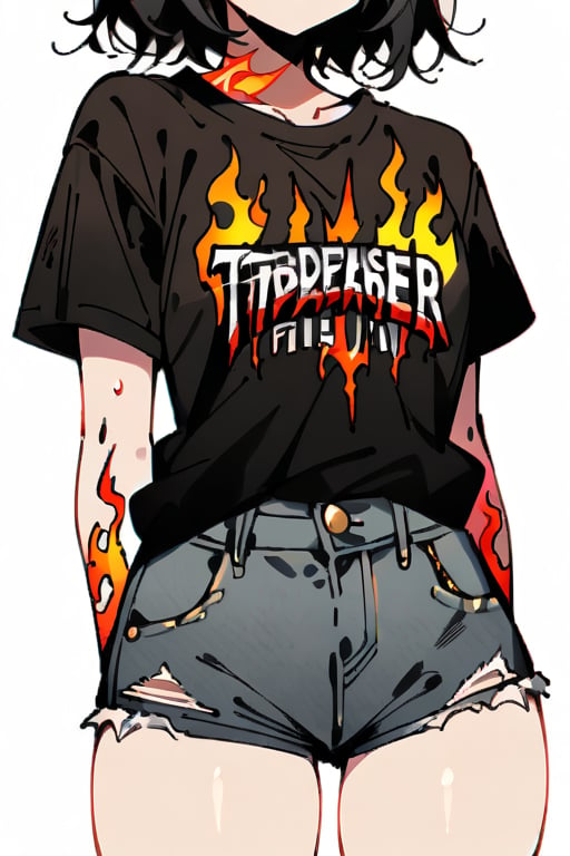 Beautiful, masterpiece, super detailed, 1girl (black Thrasher brand t-shirt with a flame design on the front, loose-fitting, knee-length denim shorts, black Nike sneakers with white details, dark sunglasses)