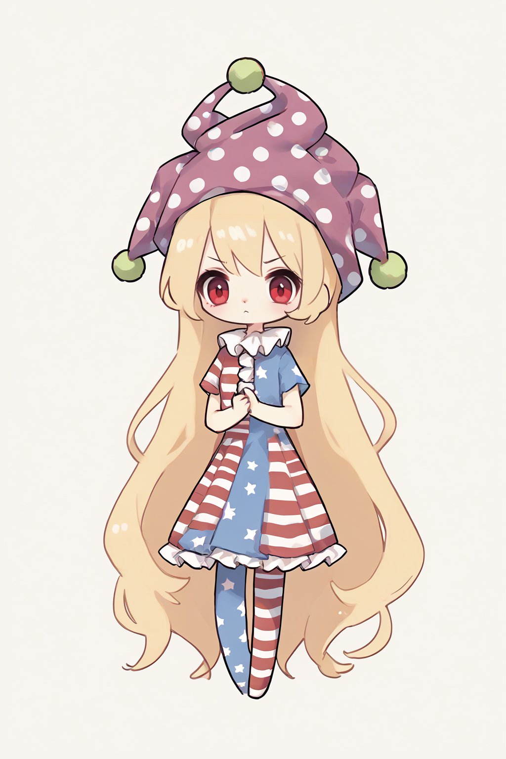 score_9, score_8_up, score_7_up, source_anime, 1girl, clownpiece, jester cap, neck ruff, blonde hair, absurdly long hair, american flag legwear, american flag dress, red eyes, short sleeves, :o, simple background, full body, chibi