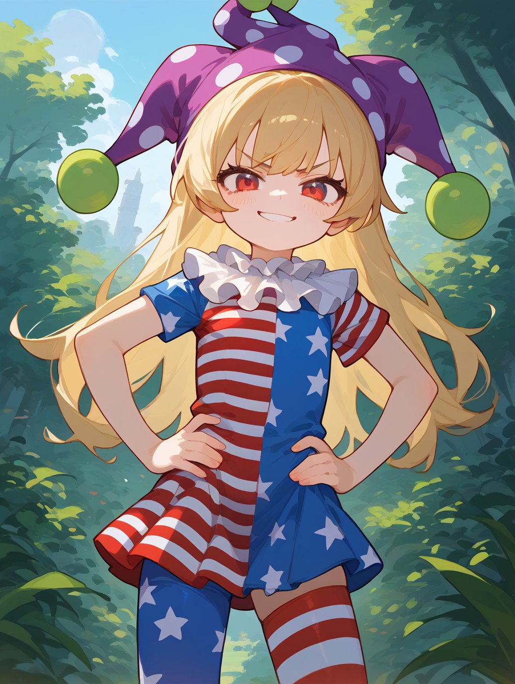 score_9, score_8_up, score_7_up, source_anime, 1girl, loli, smirk, american flag dress, short sleeves, smug, clownpiece, jester cap, neck ruff, blonde hair, long hair, american flag legwear, red eyes, thighighs, hands on hips, outdoors, nature