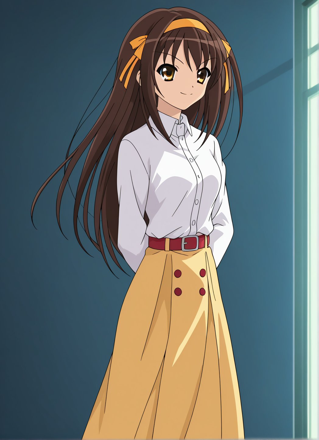 A high-resolution, best quality image of Haruhi Suzumiya with long hair, wearing a white long sleeves dress shirt, red ribbon, red belt, and yellow very long skirt, standing in a room with cold, hands behind her back, moving her waist, rolling, humming, looking happy in the night, and looking impeccable. The scene is softly lit with natural lighting, highlighting her detailed outfit and serene expression. The composition captures her from the waist up, showcasing her elegant attire and tranquil demeanor. The atmosphere is serene and beautifully lit, emphasizing her vibrant personality and comfortable setting.