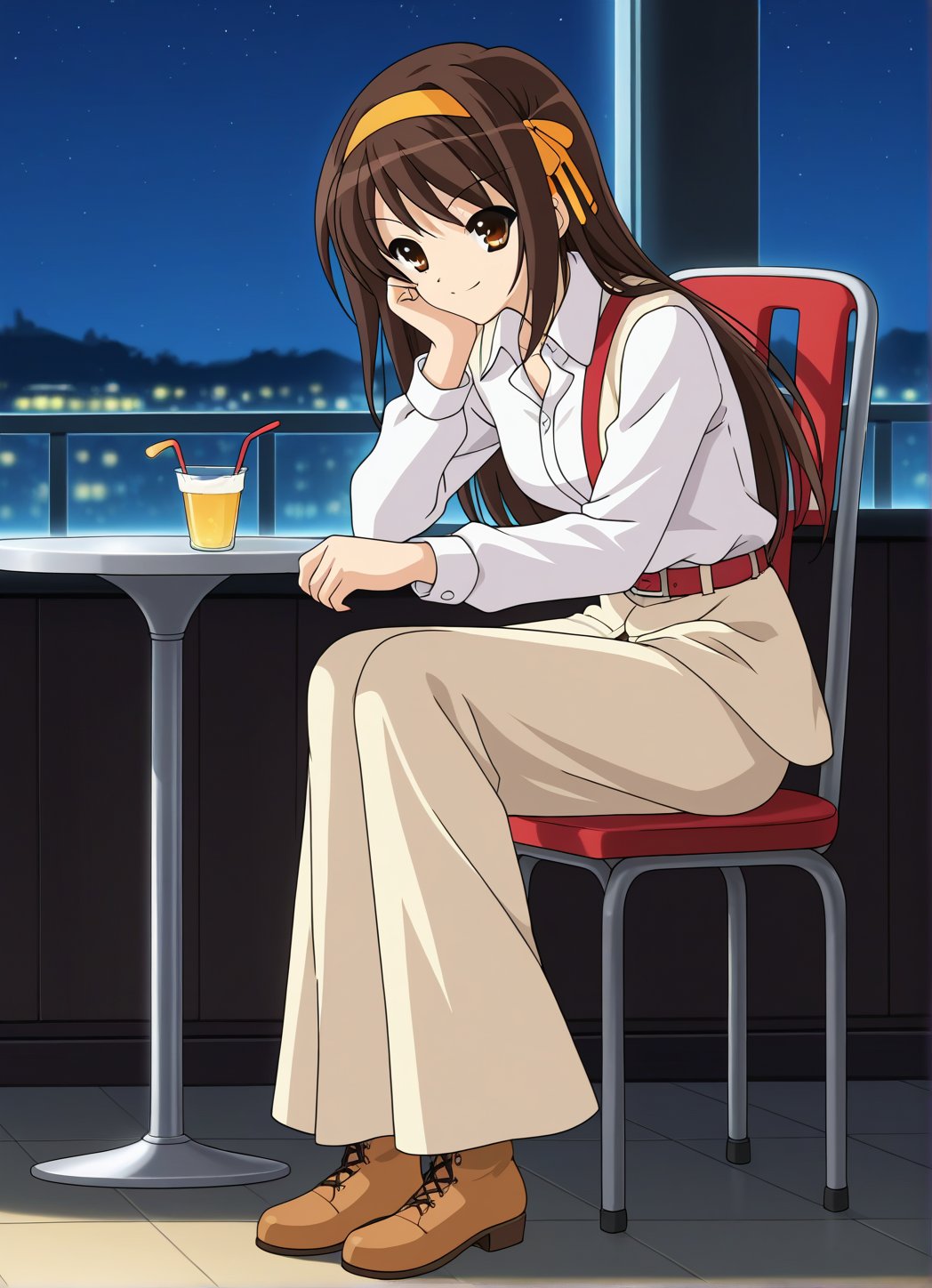 A high-resolution, best quality image of Haruhi Suzumiya with long hair, wearing a white long sleeves dress shirt closed up to the collar, red belt, yellow extremely very long skirt with black details, and black ankle boots, hands on knees, feeling good, smiling, eyes half-closed, gentle, in the night, in a pizzeria, sitting in a chair, and looking impeccable. The scene is softly lit with natural lighting, highlighting her detailed outfit and serene expression. The composition captures her from head to toe, showcasing her elegant attire and tranquil demeanor. The atmosphere is serene and beautifully lit, emphasizing her vibrant personality and comfortable setting.