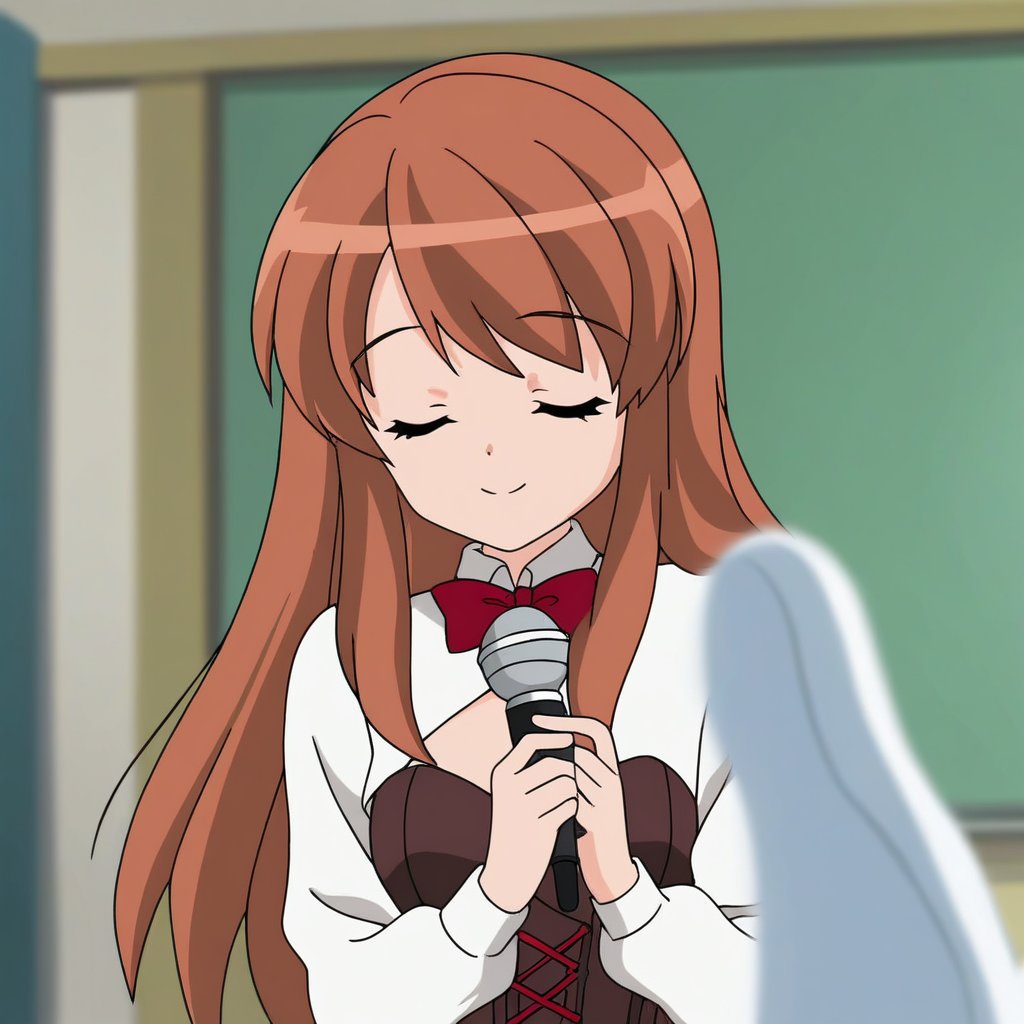 A high-resolution image of Mikuru Asahina in a white detailed shirt with a bow, a brown corset, and a red very long skirt, singing without a microphone in a music class. She has her hands joined in front of her, eyes closed, and her expression is serene and heartfelt. The scene is softly lit, highlighting the intricate details of her attire and the classroom setting. The composition frames her in the center, with musical instruments and sheet music in the background. Best quality rendering with sharp focus on her peaceful face and detailed clothing.