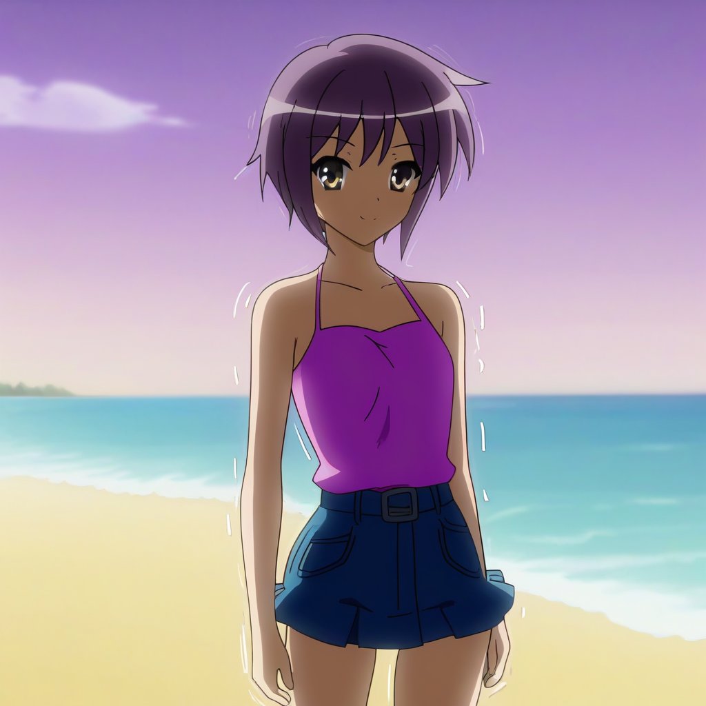 A high-resolution image of Yuki Nagato wearing a pink shirt and denim short skirt, shaking her waist on a beach. The scene is well-lit with natural sunlight, capturing the details of the sand and waves in the background. The composition focuses on her playful movement and the vibrant, summery outfit, with a sense of energy and liveliness.