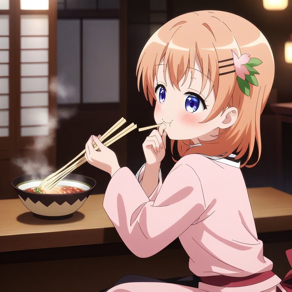 A high-resolution image of Cocoa Hoto in a pink kimono, sitting at a wooden table, eating ramen with chopsticks. She has a sleepy expression, with her eyes half-closed and a slight smile. The scene is softly lit with warm, ambient light, creating a cozy atmosphere. The composition focuses on her face and the bowl of ramen, with the kimono details and chopsticks in action. Best quality details, including the texture of the kimono and steam rising from the ramen.