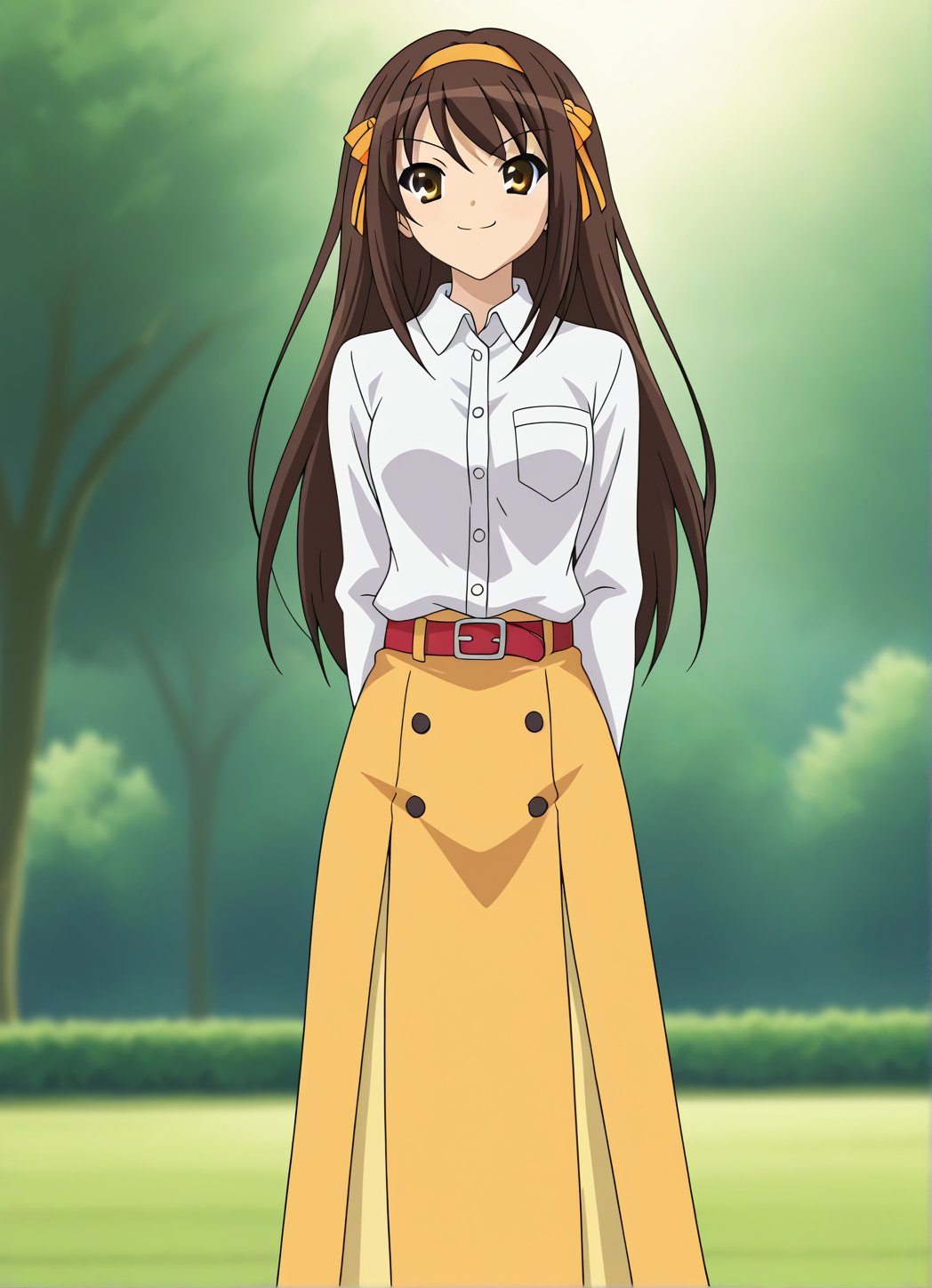 A high-resolution, best quality image of Haruhi Suzumiya with long hair, wearing a white long sleeves dress shirt with all buttons closed, red belt, and yellow very long skirt with red details, standing outdoors, hands behind her back, moving her waist, rolling, humming, looking at you, happy, with her mouth open, and looking impeccable. The scene is softly lit with natural lighting, highlighting her detailed outfit and serene expression. The composition captures her from head to toe, showcasing her elegant attire and tranquil demeanor. The atmosphere is serene and beautifully lit, emphasizing her vibrant personality and comfortable setting.