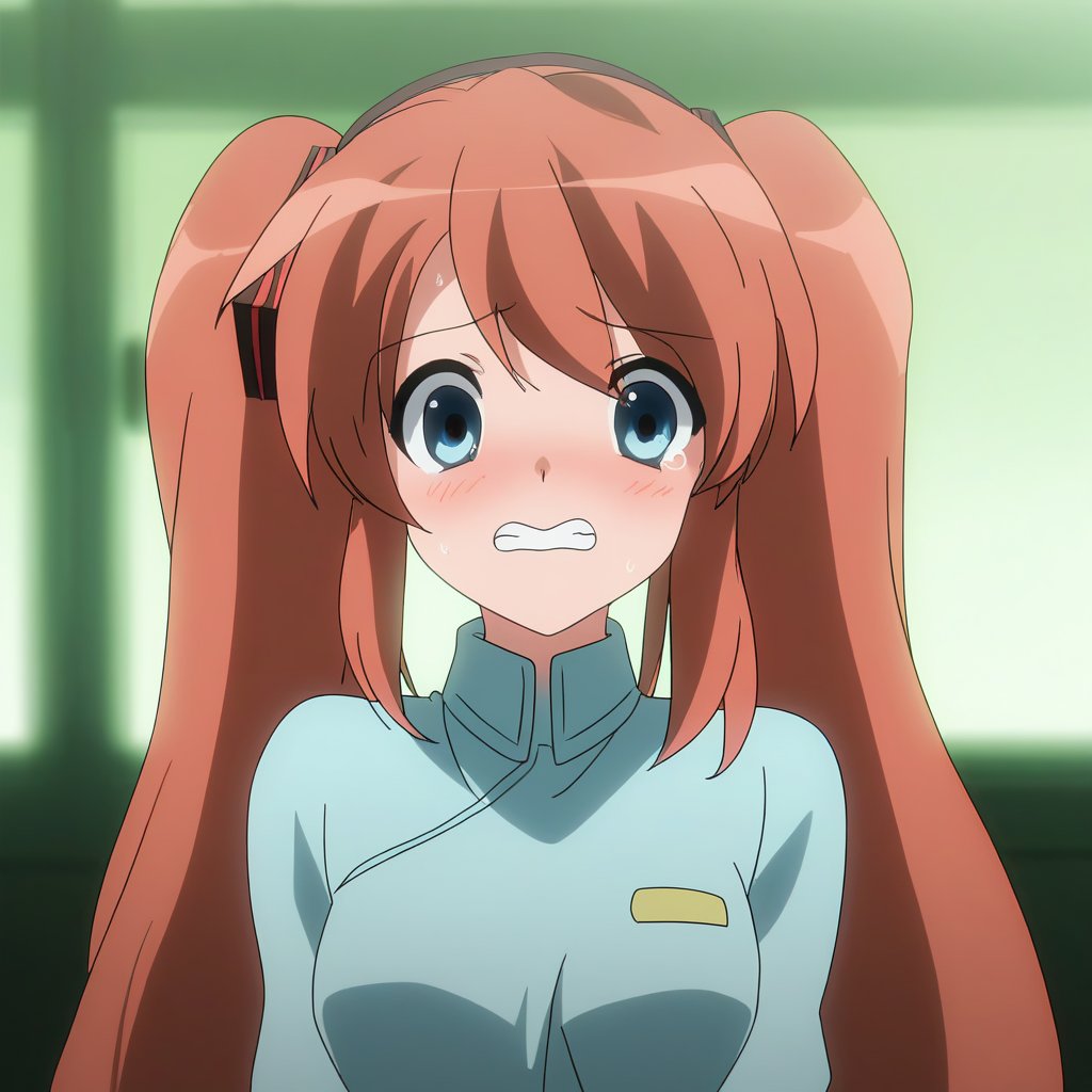 High-resolution image of Mikuru Asahina dressed in Hatsune Miku clothes, looking scared with her hair in twintails. She stands in a dimly lit room, her expression filled with fear. The composition frames her in the center, with soft lighting highlighting her features. Best quality details, capturing the texture of her outfit and the tension in her pose.