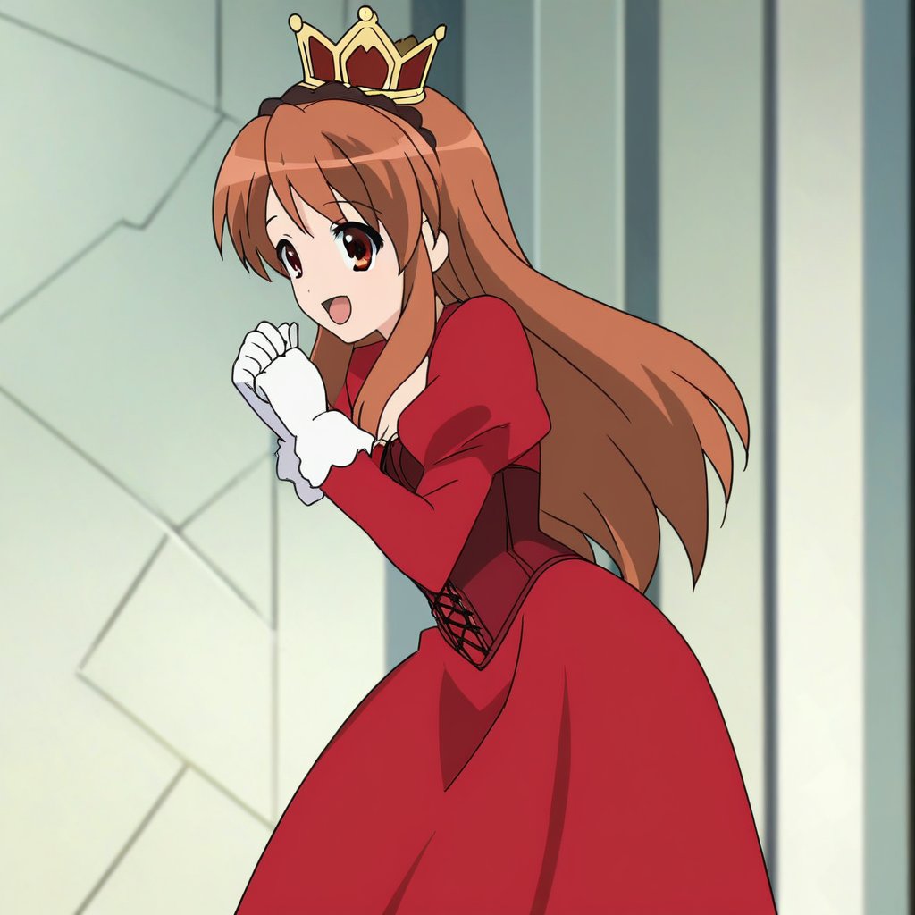 A high-resolution image of Mikuru Asahina in a red shirt with long sleeves, a red corset, a red very long skirt, and white thick gloves, wearing a crown in an old castle. She is happy and being cute, captured in full body. The scene is well-lit, highlighting the regal details of her attire and the castle setting. The composition frames her in a playful pose, with the castle architecture visible. Best quality rendering with sharp focus on her joyful expression and detailed clothing.