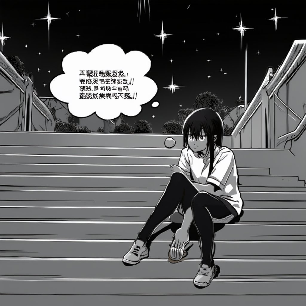 A beautiful girl, visibly angry, sits on a staircase in an amusement park, waiting for her boyfriend who is three hours late for their date. Above her head floats a comic-style thought bubble containing the text: 生氣，等會兒要罰他！ (Angry, I'm going to punish him!). The scene is bathed in dramatic lighting, emphasizing her expression and the thought bubble. The background is kept simple, with minimalistic elements of the park setting. Stars twinkle in the night sky, adding a sense of tension and anticipation to the composition.