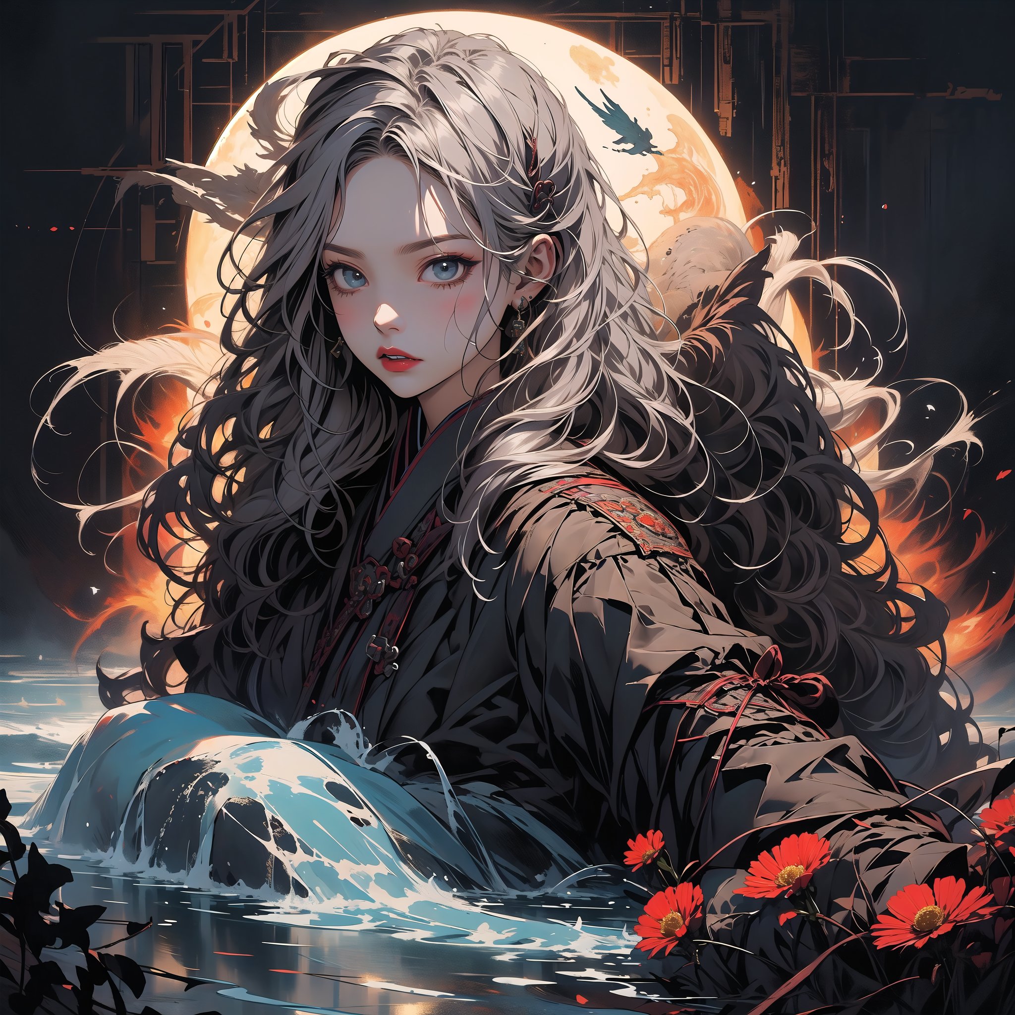 (super perfect quality masterpiece and detailed details), beautiful black plot, complex, extremely high clear resolution, complex lines, (exquisite drawing), 1girl photo of beautiful ancient Chinese girl wearing black clothes holding a sword Long wavy silver hair, hair shining in the moonlight, long sword, weapon, black mask, duet, underwear, big blue eyes, long and thick eyelashes, Han Dynasty general style clothing, print, medium breasts, looking straight The audience's eyes showed a fierce and intense emotion. The audience felt the atmosphere strongly. Ponytails, hair accessories, flowers, and blood splashed into several fox lines, perfect killing skills, the enemy fell, and the throat was sealed with a knife, super delicate and clear, perfect illustration,
BREAK Beautiful lighting, beautiful glow, Vadim Kass’ artistic style plus Jae Hyun Art. light and shadow.