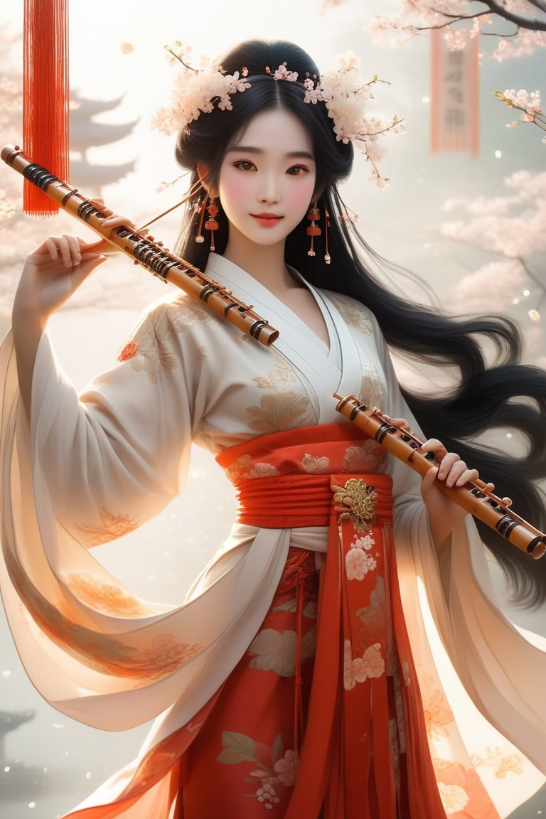 Close-up of a stunningly beautiful girl, Chinese Han Dynasty girl, with big eyes and long eyelashes that make her eyes more lively and beautiful, wearing Han Dynasty clothes and hairstyle, with stunning black hair and long Thick eyelashes, holding a delicate bouquet of jasmine flowers on her fingers. When she looked directly at the audience, she smiled. Her whole body exuded an otherworldly light, and every contour and object on her body seemed to be illuminated by light and sparkle. She couldn't help but play the musical instrument ((flute)) on the spot, which was very elegant and soft. After dancing, she took the paper umbrella and prepared to go back. In the quiet atmosphere of the summer night, the trees were tall, the river flowed quietly, and nocturnal creatures used it. Serenading them with gentle chirps and croaks, our protagonist is like a beacon of loveliness. In Vadimka's new style, every detail has been carefully crafted to create a realistic style that exudes elegance and wonder. (Masterpiece 1.2, 8K) Depth of field.,source_furry,score_5_up,score_6_up,score_7_up,score_8_up,score_9,han fu