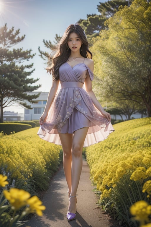 Korean supermodel, a beautiful woman, very beautiful, with very bright eyes. She has long purple wavy hair as beautiful as silk. The whole body is facing the camera, with beautiful eyebrows, beautiful purple-blue eyes (eyelashes are very long and dense), and the skin is very white. The body proportion is 1:8, the dress is very beautiful, wearing a princess skirt, wearing glass high heels, height 183 cm, weight 65 kg, super light and shadow. The background is light and space. Rapeseed flowers, yellow, very beautiful, swarms into a sea of ​​flowers, very beautiful, photo, photography professional effect