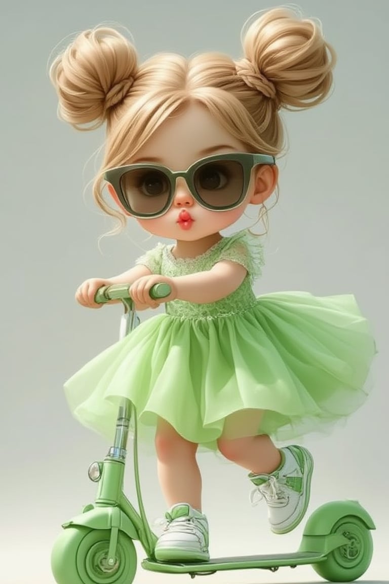 A simple background with a cute little girl, her hair tied in two braids. She wears stylish sunglasses and a beautiful green princess lace dress. Her Nike sneakers are visible as she plays with a green scooter, her lips slightly puckered in a cute pout. The scene is framed with a focus on her playful expression and the vibrant colors. Artwork is polished and refined, capturing the essence of a delightful moment.