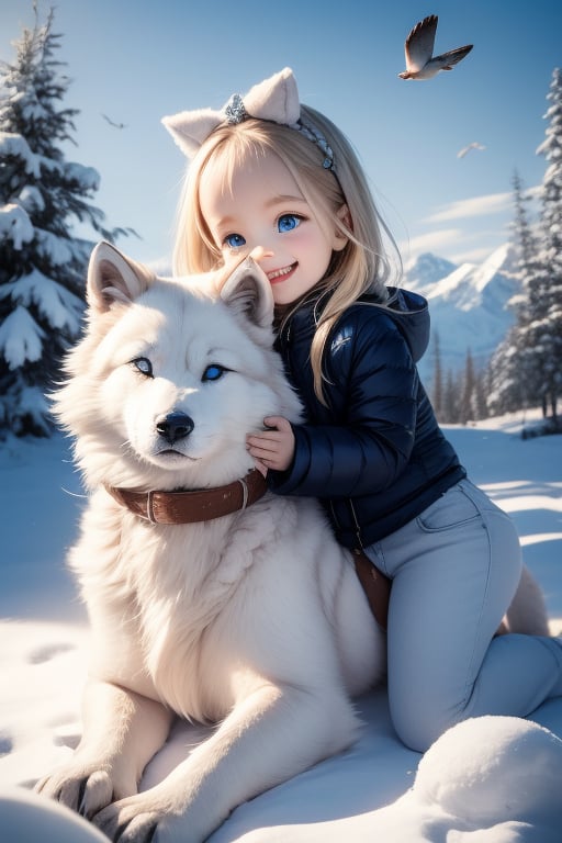 A little girl with blond hair and very fair skin. She is only 4 years old, but she grew up with a snow wolf with white fur and blue eyes. The snow wolf loves the little girl very much. He can put her to sleep and carry her on the grassland. The little girl always smiles happily. The little girl is extremely beautiful, with blue eyes, very lively, and long and thick eyelashes. To make her even more beautiful, she would often roll around on the grass with the snow wolf. The little girl wears all kinds of cute clothes. Outdoors, sunshine, mountains, trees, flowers, birds, butterflies. light and shadow. 