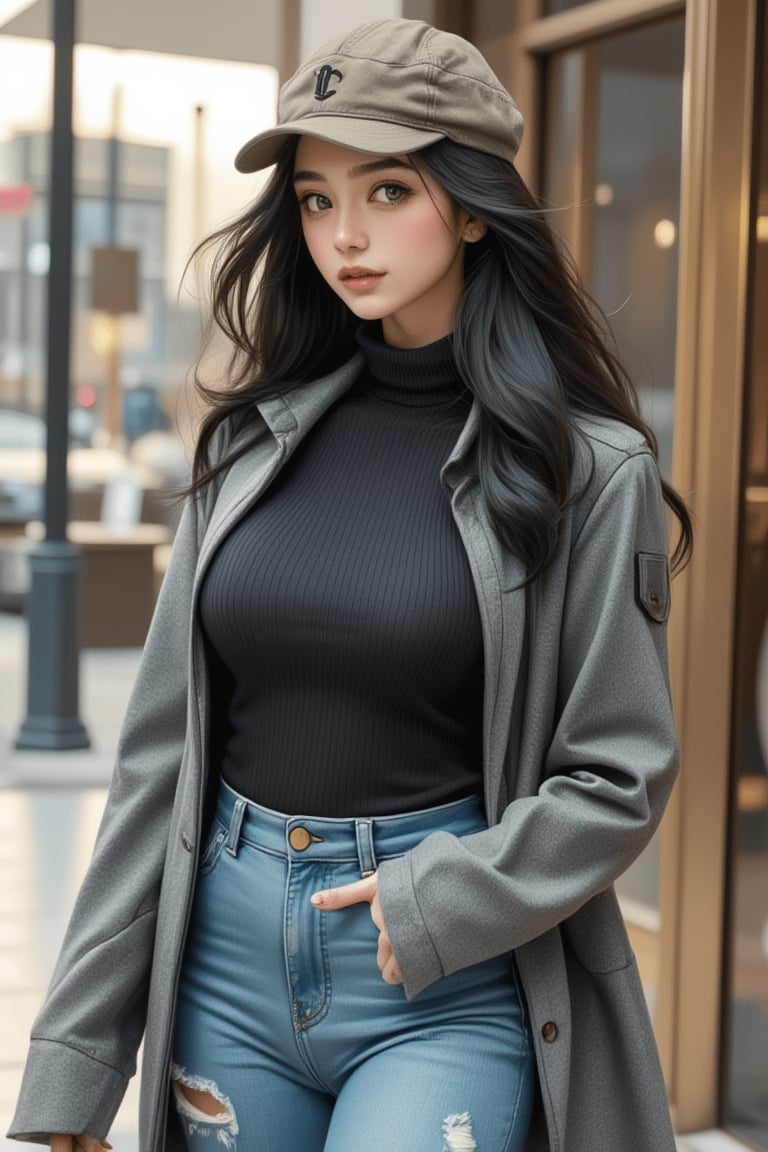 A masterpiece, high-quality, 8K, high-resolution ink and pencil drawing style illustration of a beautiful woman with long black hair and green eyes. She wears a knit cap, gray cashmere coat, black high-neck turtleneck sweater, and fashionable skinny jeans with fading effects. She stands at the entrance of a shopping mall, waiting for someone or something, in a casual, everyday style. The scene is contemporary, elegant, innocent, and naturally composed, influenced by Leonardo style.