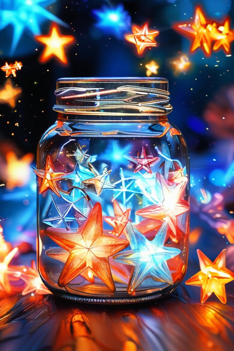 Simple background with a small glass jar. Filled with many three-dimensional stars, the stars are made of crystal material, a complete combination of LED and fluorescent, the fused glowing stars, extreme details, sharp focus on the texture of the crystal and the shape of the stars, detailmaximizer, reality, light painting, subversion Peak work.