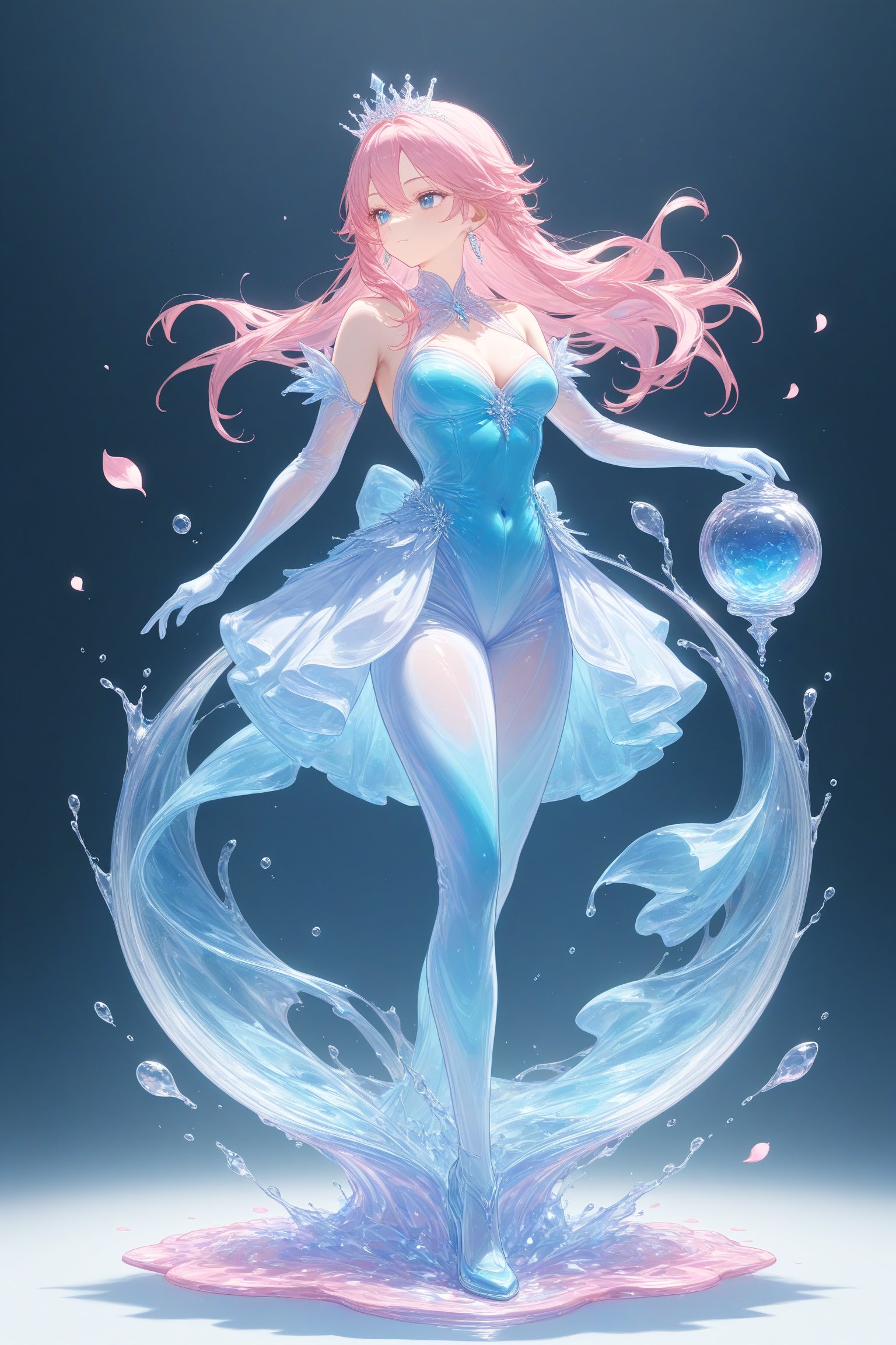 {Elegant crystal clear crystal glass male prince, graceful curves, full of marbled pink and blue, liquid (transparent), forming the shape of a female princess. Lion and texture. Smooth object contours and undulating dynamic motion. Pastel petals float around the vase. }