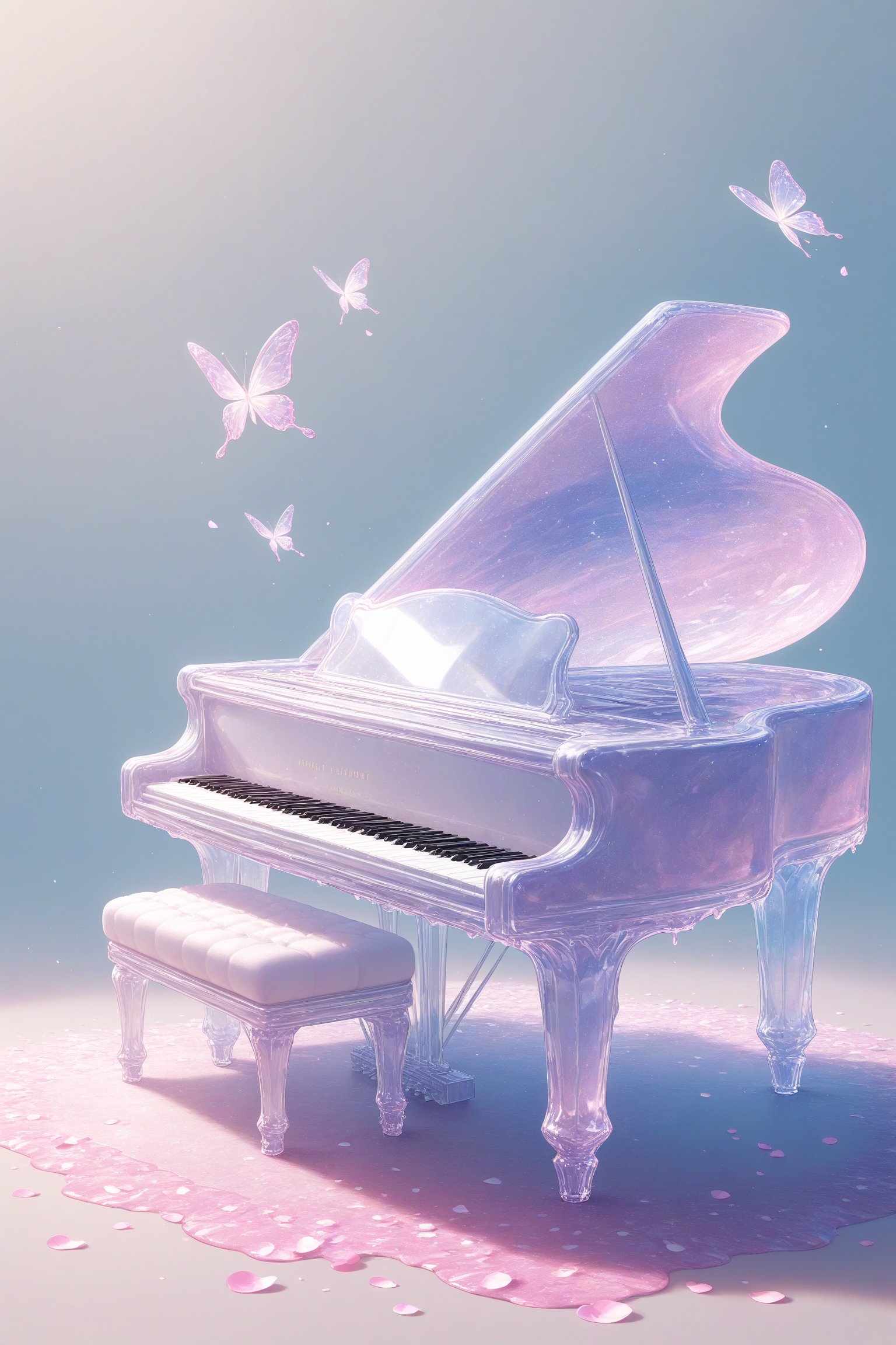 {Elegant crystal glass piano with beautiful curves filled with marbled pink and white liquid forming the shape of a butterfly. Butterflies and textures. Smooth insect silhouettes with undulating dynamic movement. Pastel petals float around the vase. }