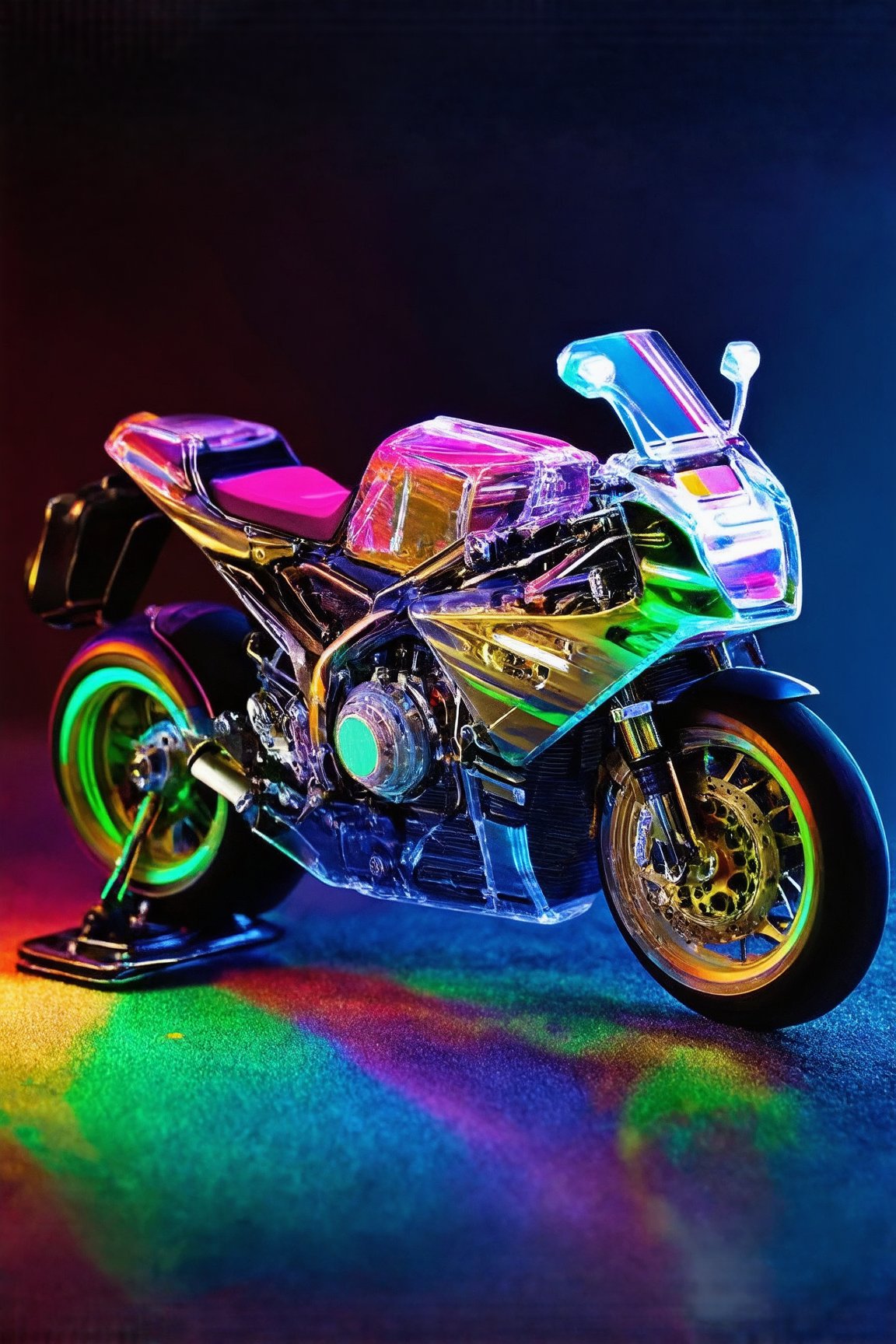 Build the coolest motorcycle, transparent so parts are clearly visible. The colors of light and shadow are the same as the rainbow, lifelike, and the background is light and shadow. {{Masterpiece}} (Excellent), the best quality.
