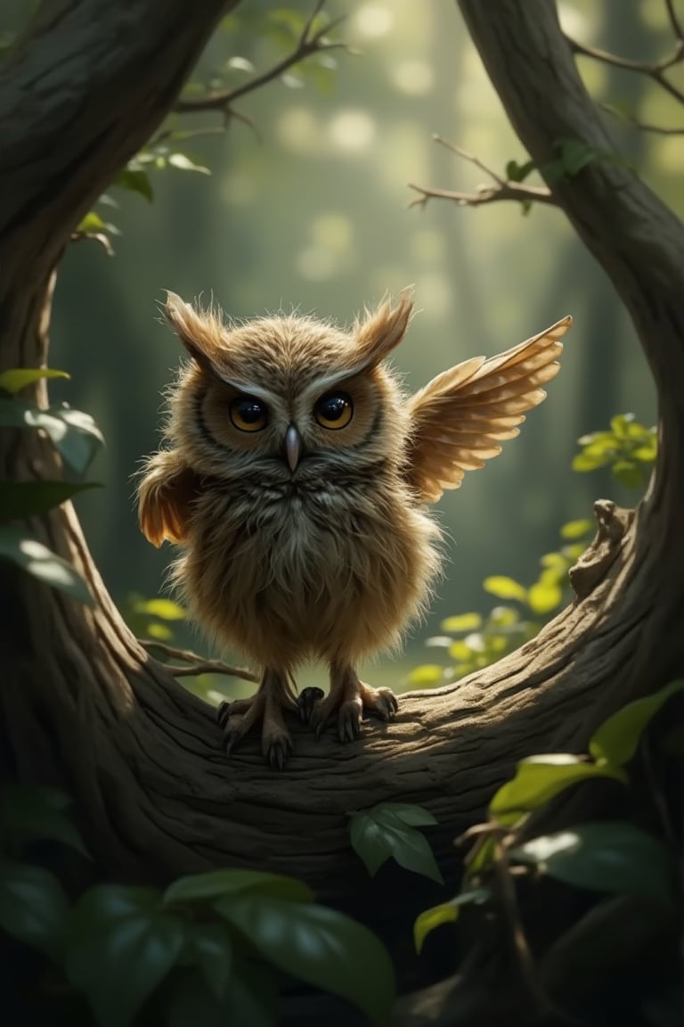 Funny animals, Midjourney style, Photorealism, Cinematic style, high fidelity, realism, chiaroscuro, play of shadow and light, rays of light. A small zhibi owl.