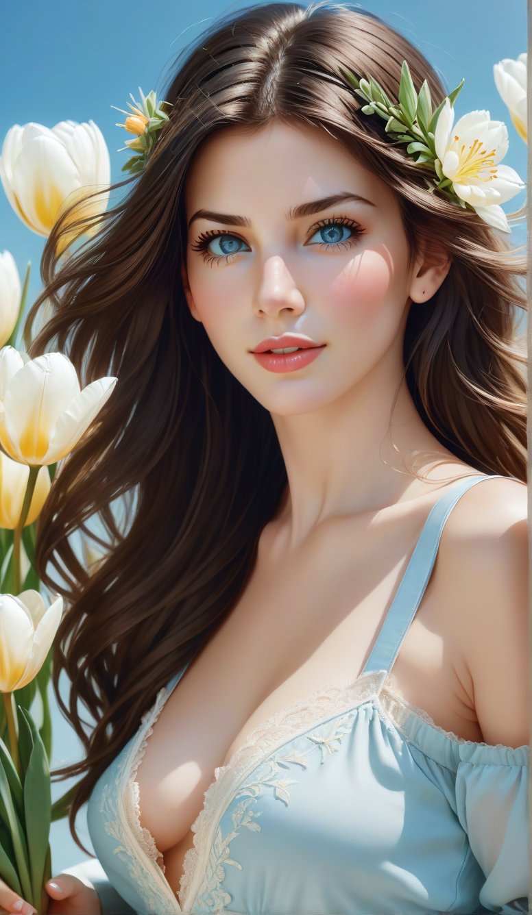 Close-up, young girl, light blue eyes, long thick eyelashes, she looks like 18-year-old Sandra Bullock, messy hair, full body shot, wearing beautiful casual clothes, standing, beautiful Dressed in beautiful little dresses and casual outfits in a variety of colors, she danced to the music and looked happy. There is also a large bouquet of white tulips in her hand, which is extremely beautiful. High quality. Modifiers: Alphonse Mucha, boris valejo dedecent illustration, Anne Boonchuy, art_booster, BlackworkStyleManityro, WOWAI, Expressiveh, Apoloniasxmasbox