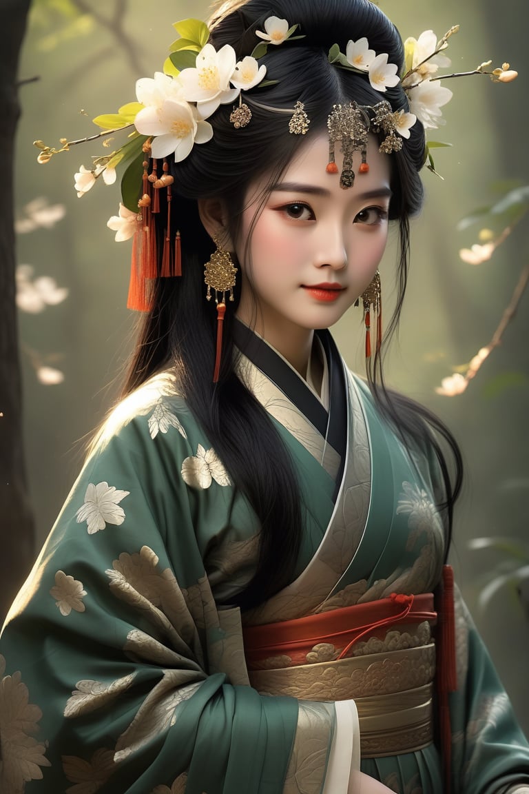 Close-up of a stunningly beautiful girl, Chinese Han Dynasty girl, with big eyes and long eyelashes that make her eyes more lively and beautiful, wearing Han Dynasty clothes and hairstyle, with stunning black hair and long Thick eyelashes, holding a delicate bouquet of jasmine flowers on her fingers. When she looked directly at the audience, she smiled. Her whole body exuded an otherworldly light, and every contour and object on her body seemed to be illuminated by light and sparkle. She couldn't help but dance a dance on the spot, which was very elegant and soft. After the dance, she took the paper umbrella and prepared to go back. In the quiet atmosphere of the summer night, the trees were tall, the rivers flowed quietly, and the nocturnal creatures sang and sang with their gentle calls. As croaks serenade them, our protagonist acts like a beacon of loveliness. In Vadimka's new style, every detail has been carefully crafted to create a realistic style that exudes elegance and wonder. (Masterpiece 1.2, 8K) Depth of field.,source_furry,score_5_up,score_6_up,score_7_up,score_8_up,score_9,han fu