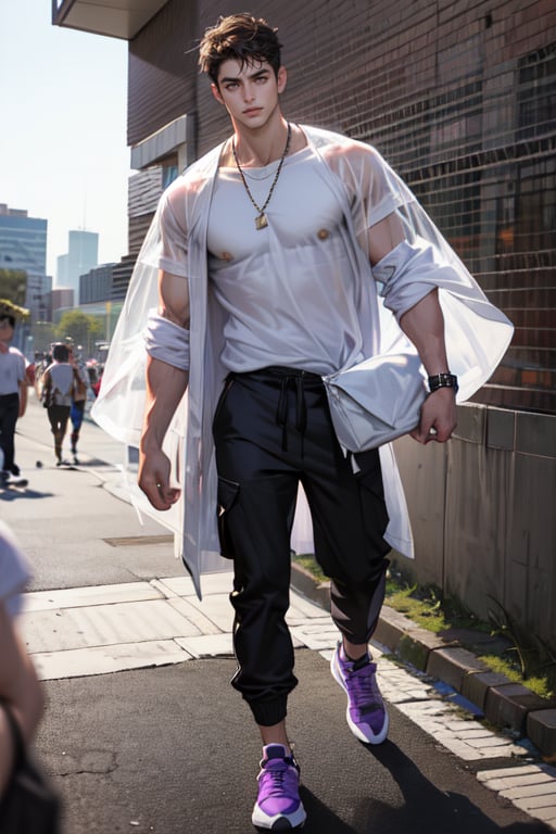 A boy faces the camera head-on, with thick eyebrows, large purple-brown eyes (eyelashes are very long and dense), and healthy wheat-colored skin. (See through) He has chest muscles, his hair color is purple and black (Change) His body proportion is 1:8, his clothes were changed to a white T-shirt and camouflage trousers. He tied a black jacket around his waist and wore basketball shoes. He is 183 cm tall and weighs 75 kg. He danced hip-hop in front of the 101 Building Square. The background is a distant view, the depth of field of the 101 Building in Taipei City (far view).
