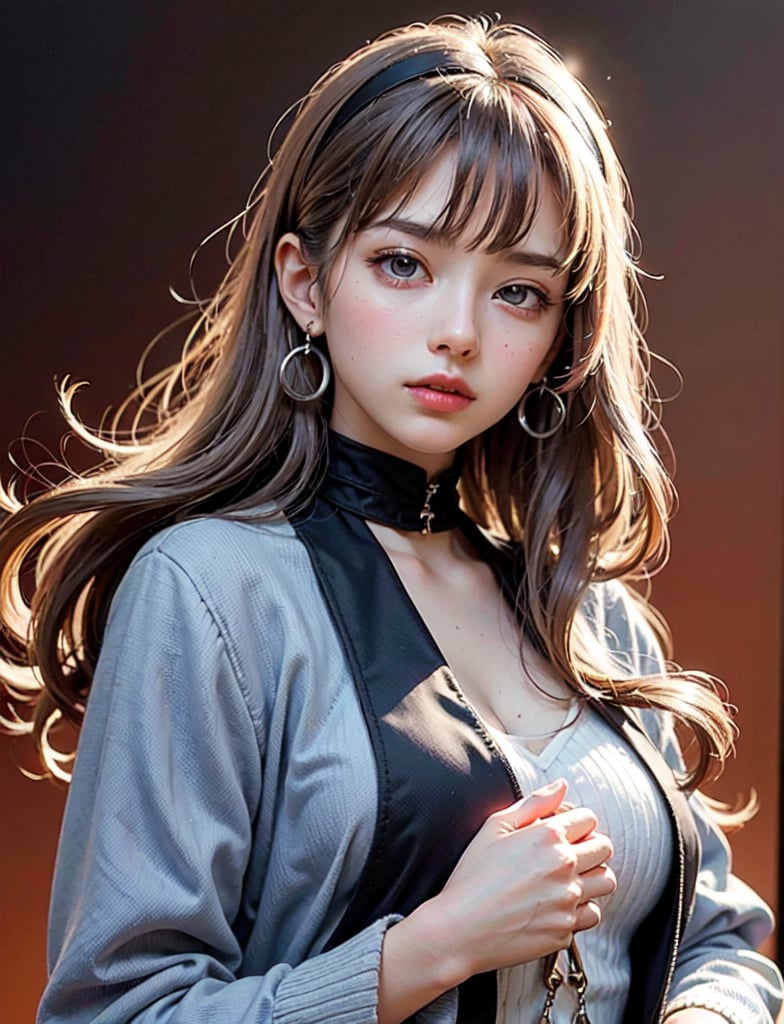 (masterpiece:1.3),best quality,official art,(beautiful and aesthetic:1.3),1girl,solo,official art,(oil painting style:1.2),Yor Forger from ,silver long hair,straight bangs, (symmetrical bangs:1.2), beige hairband, curled hair ends,grey blue eyes, black suit, red tie, gold earrings,killing intent, half-body shot, turn around,depth of field, light red background,portrait,aesthetic,Anime 