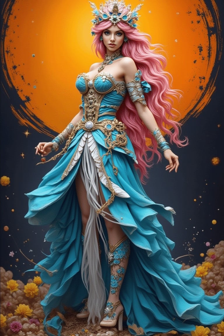 The beautiful acrylic model depicts a very beautiful woman with long wavy pink hair, dressed as a romantic queen of love, blending the elegance of an empress with steampunk and cybernetic elements. She wears a striking blue dress with a white corset to highlight her waistline and a bright blue skirt for a playful touch. The costume features steampunk accessories - gears, goggles, and metallic details - combined with cybernetic enhancements for a futuristic edge. The background uses an orange gradient with black and light yellow textures to create a vibrant and dynamic atmosphere, highlighting her domineering power.