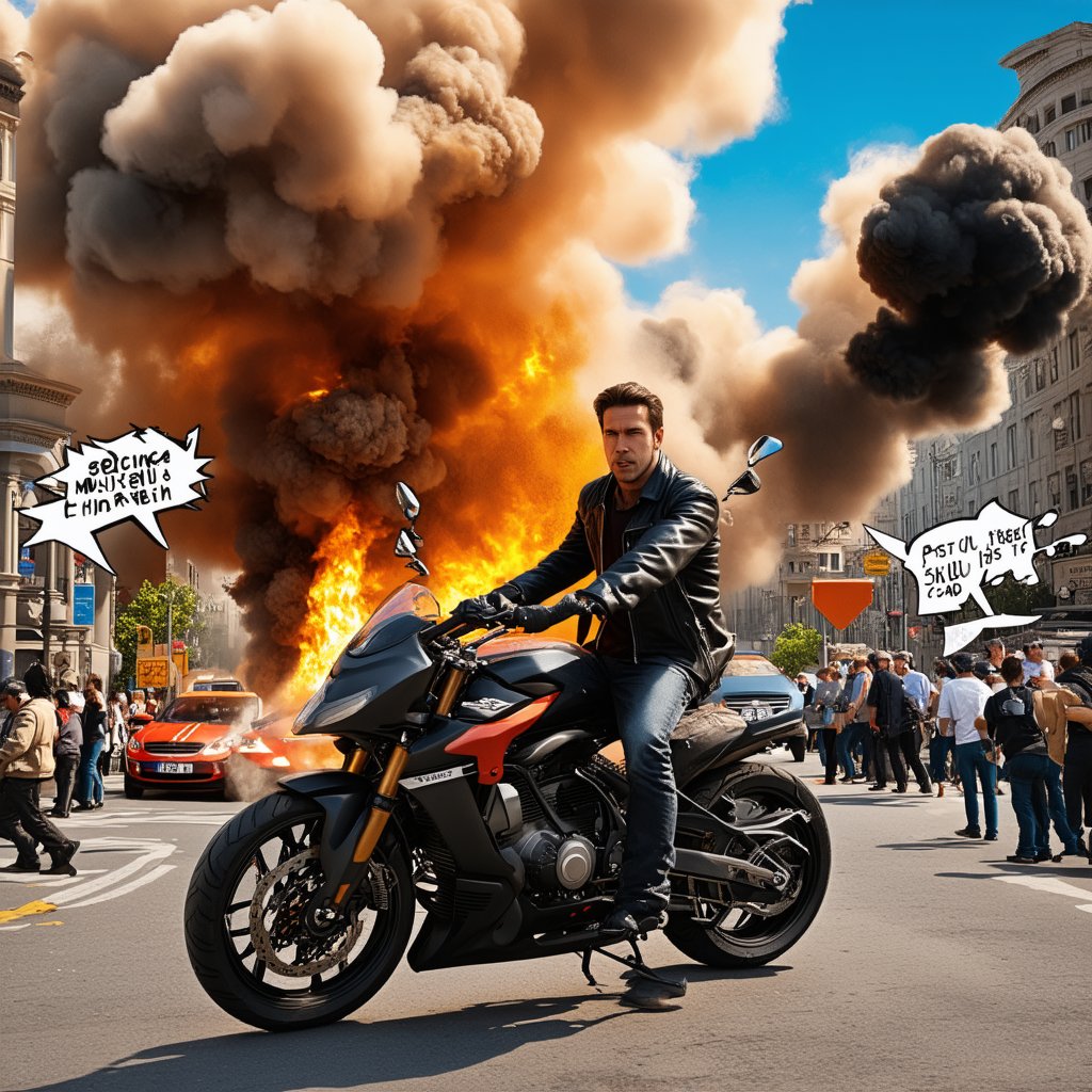 A hyper-realistic 3D rendered scene in ultra-high definition, featuring a strikingly handsome man in a leather jacket, astride a powerful motorcycle amidst a bustling urban street. The background is simple yet detailed, with a variety of vehicles and pedestrians filling the scene. Suddenly, a massive explosion rocks a nearby science and astronomy museum, with vivid flames, thick black smoke, and billowing white clouds. The sound of the explosion is intense, accompanied by a chorus of shocked exclamations. Comic-style speech bubbles, shaped like explosions, appear around the scene, adding to the chaos. The man on the motorcycle, along with others, reacts quickly, some rushing to help while others dial emergency services. The RTX technology enhances the lighting and shadows, creating a dramatic and lifelike atmosphere. The composition captures the urgency and scale of the disaster with exceptional clarity and detail.