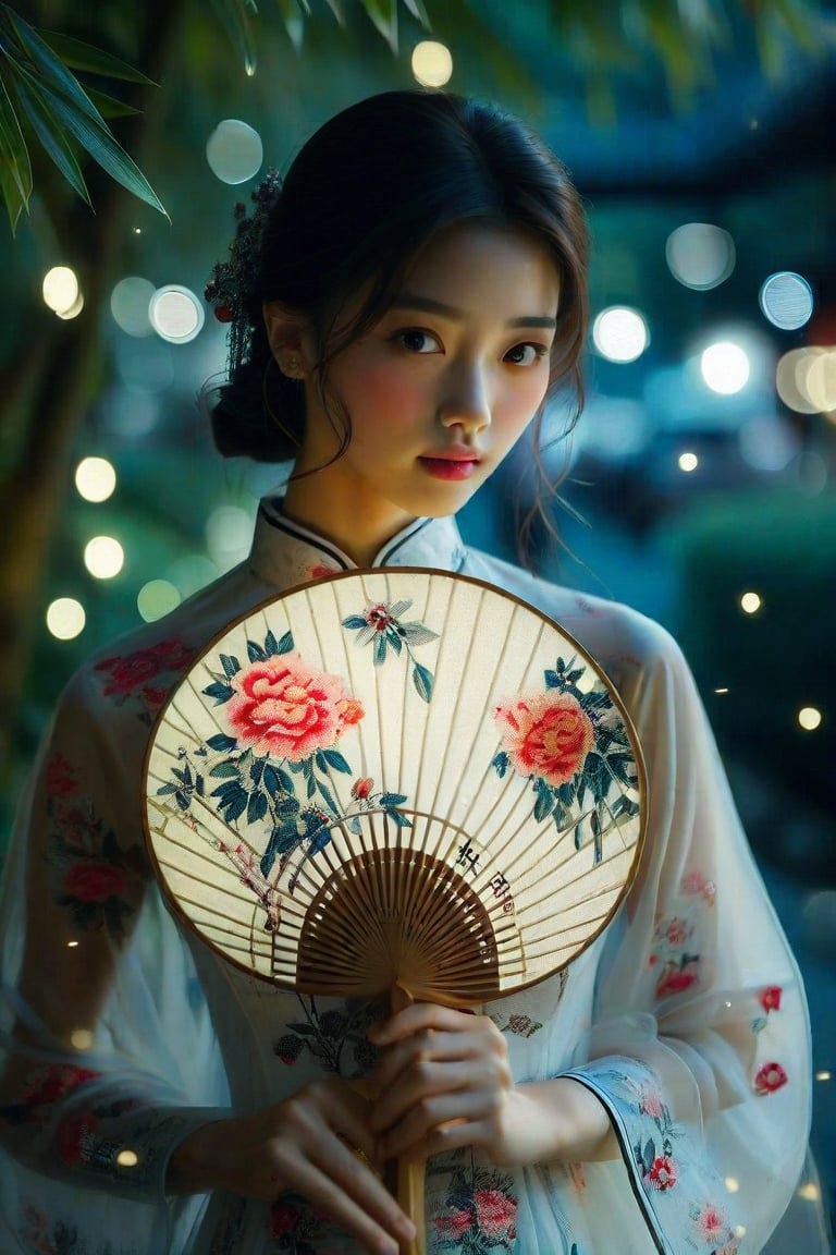 Professional photography: Alessio Albi, a Chinese girl who is more beautiful than a Korean female supermodel. The round fan only covers her nose, revealing her beautiful big blue eyes, which are smart and lively, and her eyelashes are naturally long and dense. Peony pattern traditional cheongsam, exquisite Chinese round fan, silk fan surface, long bamboo fan handle body, very detailed details on the girl's face, holding round fan, long bamboo fan handle, Chinese calligraphy text written on the surface of the fan, among the stars In the night environment, nearby lights hint at the arrival of the festival. Highly detailed cinematic lighting, 8K resolution.
A superhuman masterpiece.
