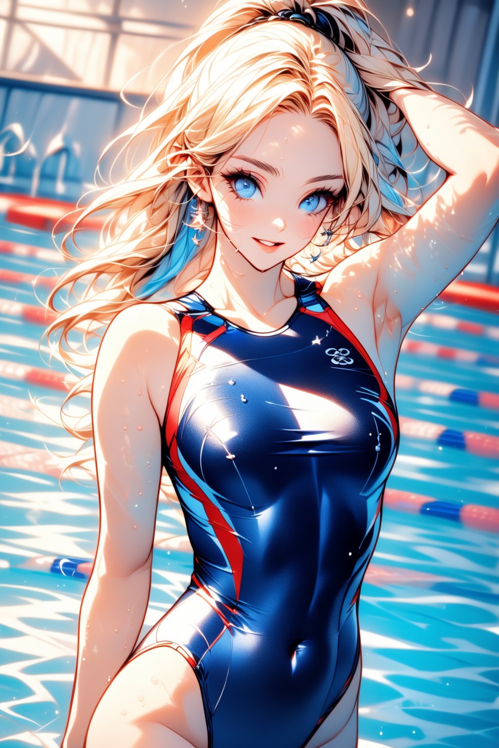 Masterpiece, dynamic swimming poses, best quality, super detailed, perfect anatomy, high detail, detailed background, beautiful face (big bright blue eyes with long eyelashes), girl, athletic body proportions 1:8, A beautiful face with perfectly proportioned facial features, a super detailed face, an oval face, and sexy lips with a slightly open mouth. Smiling, focused expression gazing at the viewer, long silky blond wavy hair tied back and shiny, wet hair combed back, blond hair tied into a ponytail, super detailed eyes, tarem, blue eyes, simple eyelids, Beautiful eyebrows, (eyelashes: 0.4), parted lips, focused gaze, (((Olympic swimming pool))), lane lines visible, {{{{start line background, intense action shot, mid-swim pose, arms stretched forward , competitive swimsuit, fashionable one-piece swimsuit, face goggles, }}} bright indoor lighting, water droplets on skin, dynamic angle, three-quarter view, perfect anatomy, 5 fingers, Please put the prompt words above Show it with game images. Super masterpiece. beautiful_female_fingers, streamlined hand position, motion blur, action lines, water splash, tanned skin, muscular shoulders and arms, score_9, score_8_up, score_7_up, whole body.