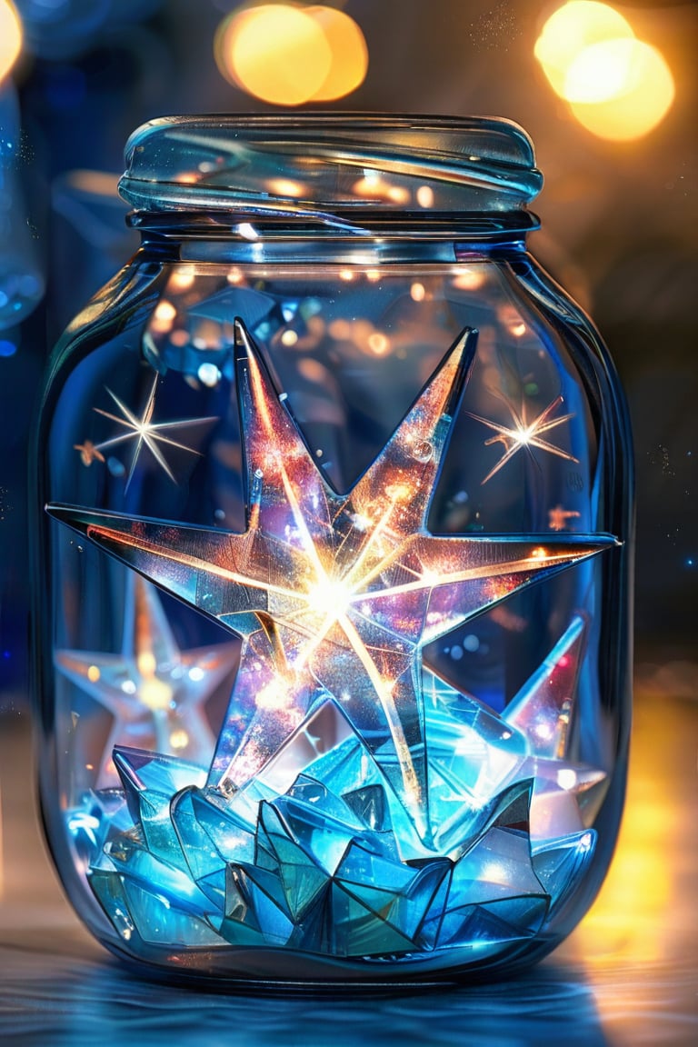 Simple background with a small glass jar. Filled with many three-dimensional stars, the stars are made of crystal material, LED and fluorescent lights are completely combined into iridescence, the fused glowing stars, extreme details, sharp focus on the texture of the crystal and the shape of the stars, detailmaximizer, reality, light Painting, the pinnacle of work.