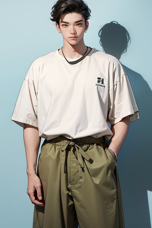 A young boy changed his face into a cartoon square shape and made his face look good. Face the camera from the front, with thick eyebrows, slender eyes (eyelashes are very long and dense), and healthy wheat-colored skin. The body proportion is 1:8, the clothes are changed to a white T-shirt, camouflage trousers, and basketball sneakers. He is 183 cm tall and weighs 75 kg. He has strong light and shadow. The background is light and space.

