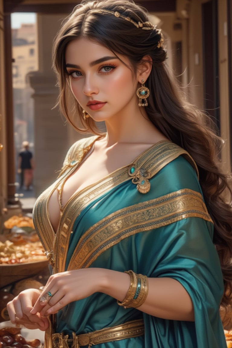 Stunning 8K CG masterpiece capturing the bustling streets of ancient Rome. A very beautiful woman with fair skin, long flowing silk-like hair, wearing exquisite, luxurious clothing, poses in an authentic street stall. Her delicate face, smart eyes, long thick eyelashes, and delicate nose displayed in detail. Earrings, bracelets, gold bracelets, and rings reminiscent of art museum pieces. Natural light gives her a beautiful glow, holding vendor's goods, eyes containing secrets of the ancient city. Shadows dance precisely, adding depth and dimension to this ultra-detailed, realistic illustration.