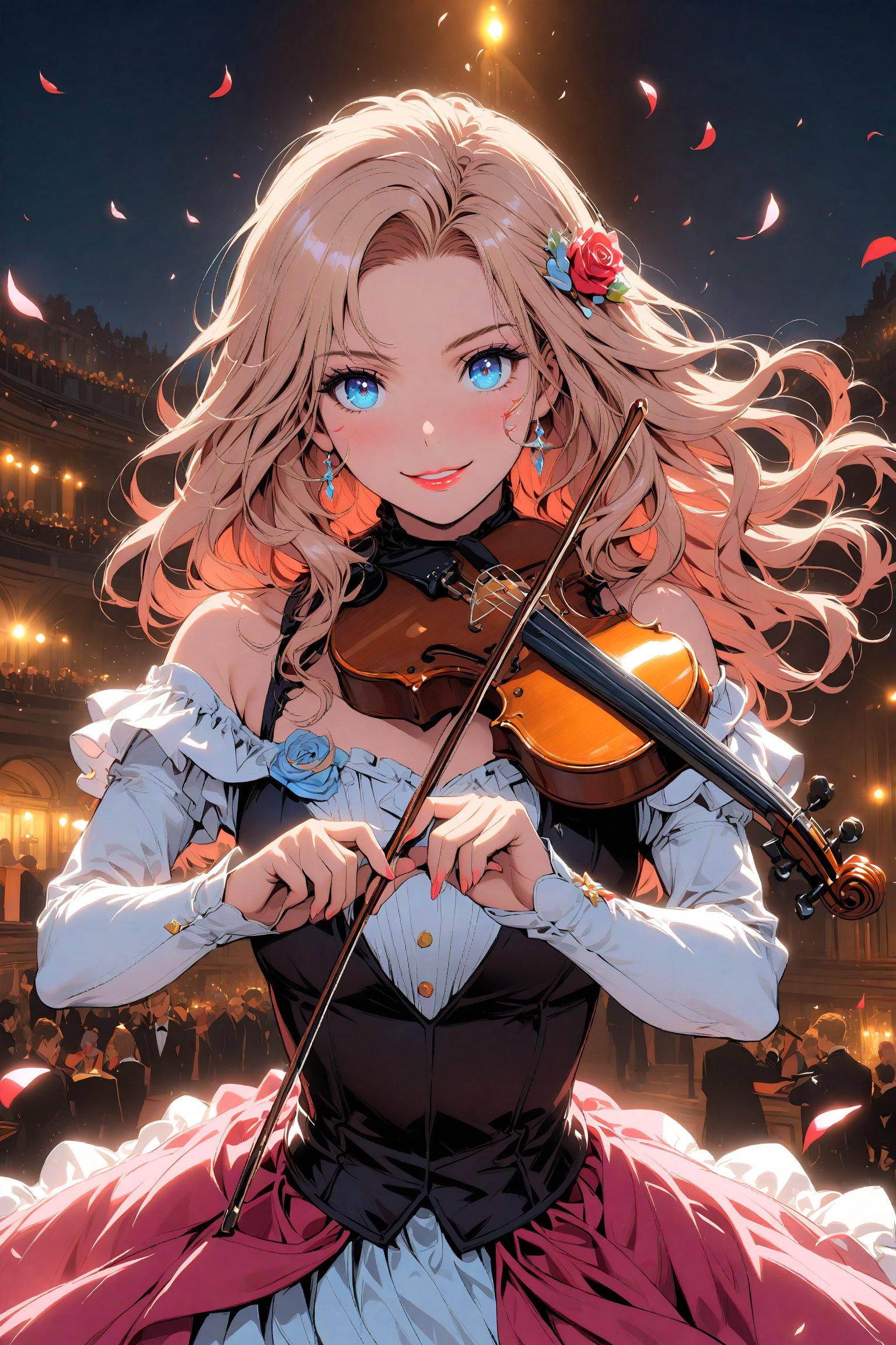 1girl, solo, beautiful violinist. A beautiful and charming 19-year-old girl with long wavy blonde hair and shiny hair. Beautiful facial features, big and beautiful blue pupils, long and dense eyelashes, making the eyes appear bigger and brighter, slightly raised red lips, as if smiling. The girl is a world champion violinist (Fritz Kreisler), whose skill on the violin is unique. Playing: the beautiful Rose Marlene. When the girl plays the violin, she moves around the venue with great movements. The sound of music The notes are jumping in the real world, and each note is dancing like a human being. The whole atmosphere is very joyful.