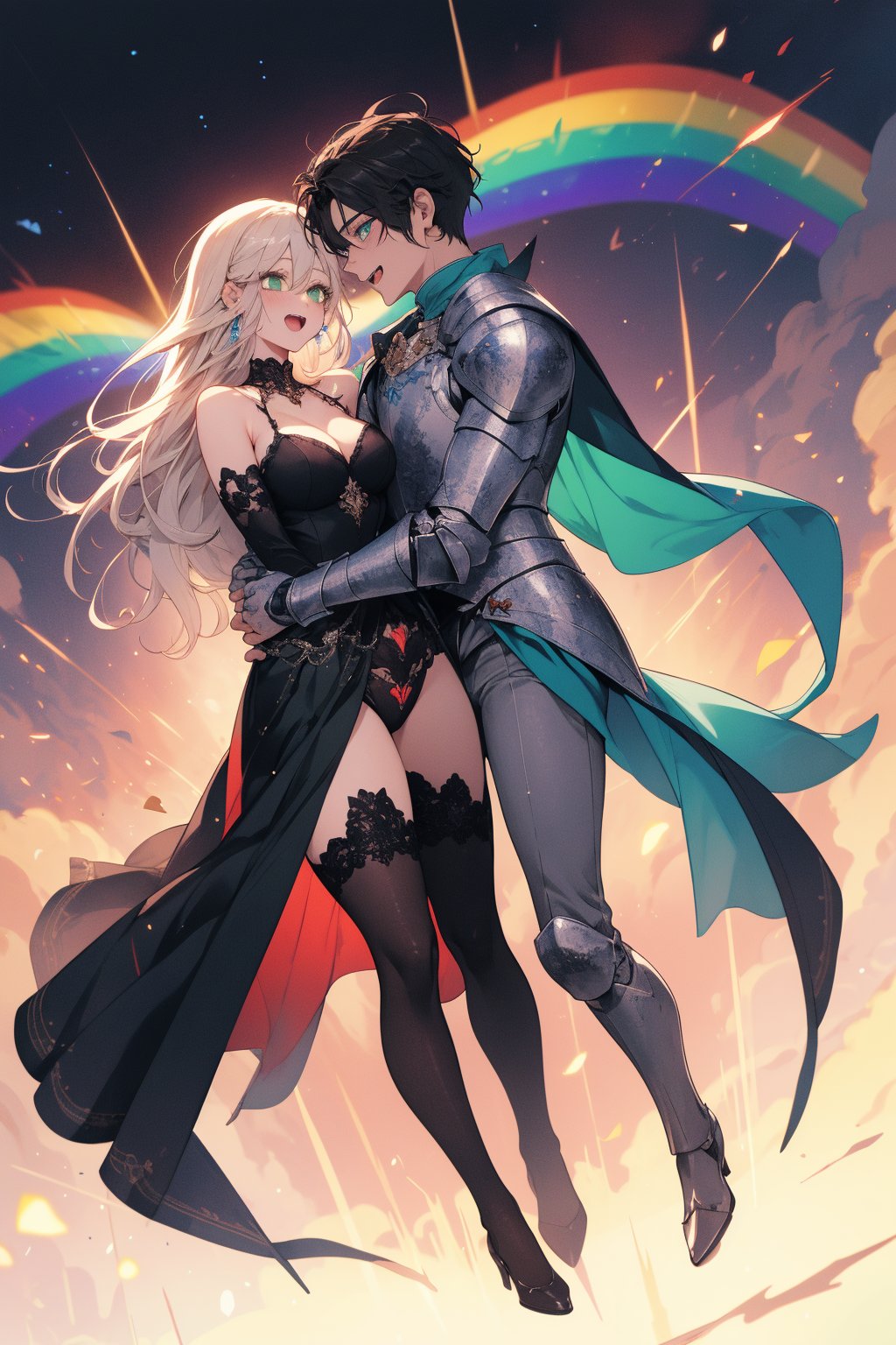 (Masterpiece, best quality, high resolution: 1.1), super-res image, male, female, couple, fantasy, official art, illustration, dynamic angle, knight, rainbow, manga, painting, mutual gaze, full body. The female has large green eyes with long, thick eyelashes. The male has large blue eyes with long and dense eyelashes. This is a story about a couple who are in love and are so sweet that they love each other to the point of being filled with anger. Every scene is full of joy and laughter.