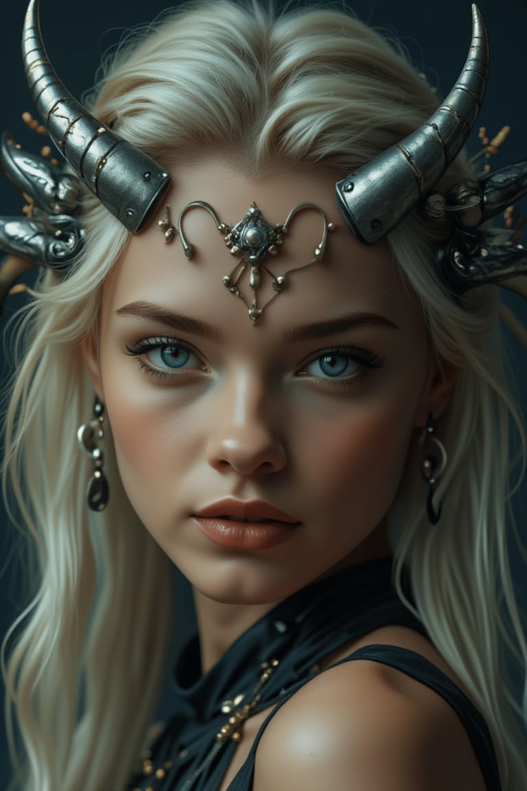 A beautiful ethereal creature with two long silver horns, adorned with bracelets and armbands, showcasing detailed facial features, sharp eyes, long and thick eyelashes, plump lips, and sharp teeth. Wearing complex clothing, she embodies a fantasy creature, captured in a full-body shot with cinematic lighting, highly detailed, 128k photorealism, dramatic color, and a moody atmosphere. The digital art showcases her mystical presence.