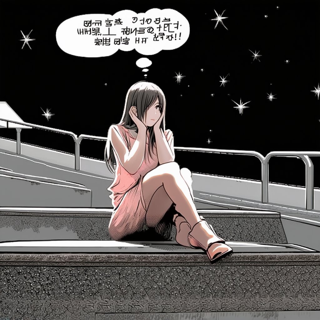 A beautiful girl sits on a staircase in an amusement park, visibly upset as her boyfriend is three hours late for their date. She has a comic-style thought bubble above her head, reading 等會兒，男友來了，要他好看！ (When he arrives, he's in for it!). The scene is illuminated by soft, dramatic lighting, highlighting her expression and the thought bubble. The background is simple, with subtle hints of park elements. Stars twinkle in the sky, adding a magical yet tense atmosphere to the composition.