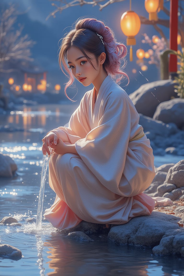 A medium shot captures a young girl in a traditional kimono kneeling on the bank of a peaceful river. Her large, lively green eyes and silky purple-black hair catch the soft sunlight, illuminating her pensive face as she gently releases Toro water into the flowing river. The composition centers around her, with the river and vibrant lanterns radiating outward. Watercolor strokes in soft blue and light black tones create a peaceful atmosphere, while warm lights and floating lanterns add a soft glow to the tranquil scene.