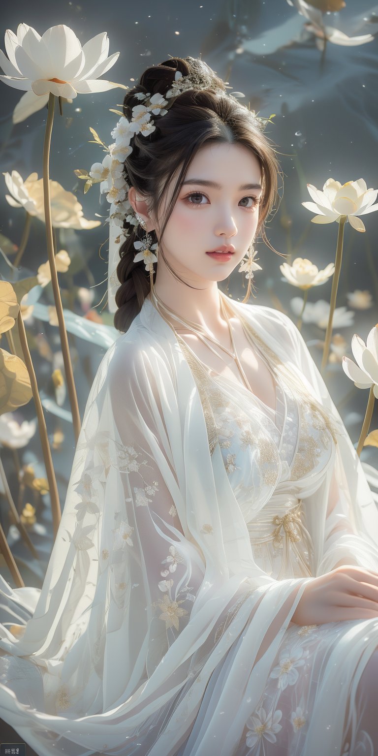 Masterpiece, best quality, 1girl, (colorful), (fine beautiful eyes and detailed face), white lace dress, purple eyes, long and thick eyelashes, bright eyes, looking at the audience, braided hairstyle, movie lighting, Half body shot, extremely detailed CG unified 8k wallpaper, white hair, solo, slightly curled lips, smile, intricate skirt, ((flying petals)), (flowery meadow) sky, cloudy sky, building, moonlight , moon, night, (dark theme: 1.3), light, fantasy, jisoo, 1 girl, asian, woman, z1l4, enhanc3d, korean, SSL, European girls, WaveMiu