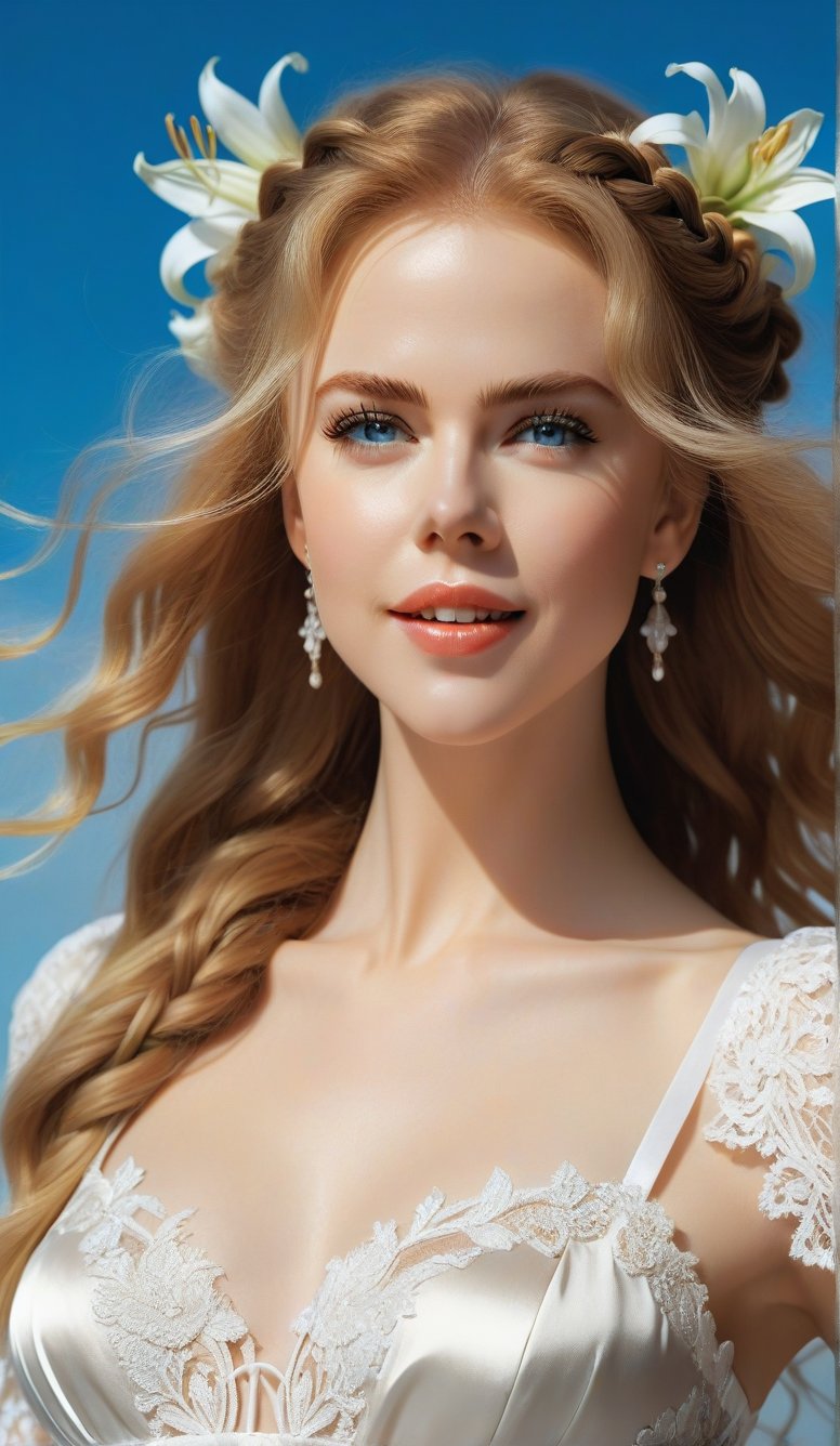 Close-up, young girl with light blue eyes, long thick eyelashes, she looks like 18-year-old Nicole Kidman, with messy hair, full body shot, wearing satin pants, standing, wearing beautiful white Dressed in mesh and lace, she danced to the music and looked very happy. There are also braids of lilies all over the sky, which are extremely beautiful. High quality. Modifiers: Alphonse Mucha, boris valejo dedecent illustration, Anne Boonchuy, art_booster, BlackworkStyleManityro, WOWAI, Expressiveh, Apoloniasxmasbox