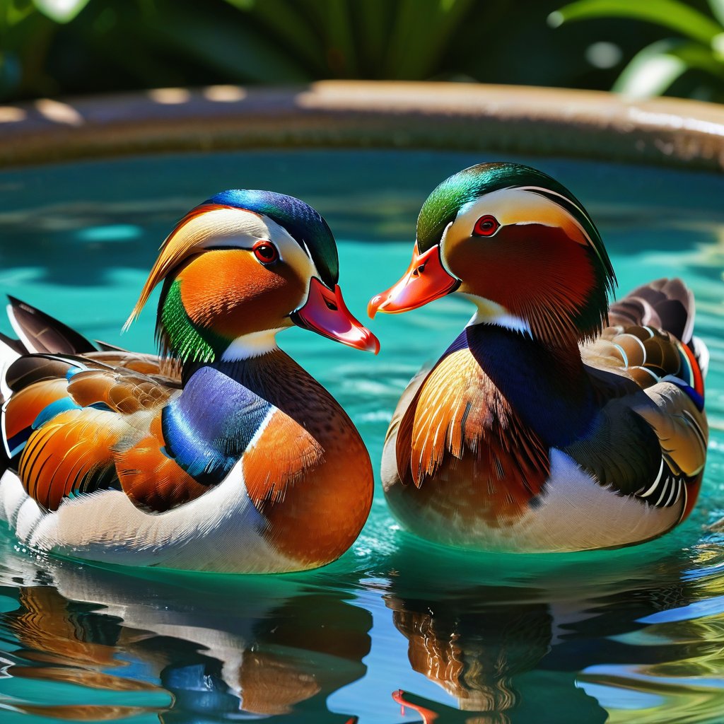 Close-up, cute mandarin ducks, beautiful feathers, shiny, mandarin ducks are in pairs, so the male and female pairs play together. In the pool, they will put their heads together. Sometimes it flaps its wings and splashes water. The male's feathers are brighter than the female's, and their love has been compared to a loving couple since ancient China. Modifiers: Alphonse Mucha, boris valejo dedecent illustration, Anne Boonchuy, art_booster, BlackworkStyleManityro, WOWAI, Expressiveh, Apoloniasxmasbox