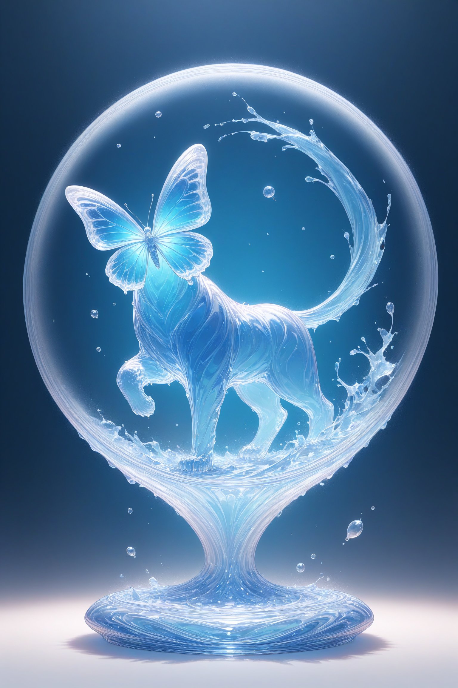 
{Elegant crystal clear crystal glass electric fan with graceful curves, filled with marbled light blue and white and blue liquid (transparent), forming the shape of a butterfly. Lion and texture. Smooth object contours and undulating dynamic motion. Pastel petals float around the vase. }