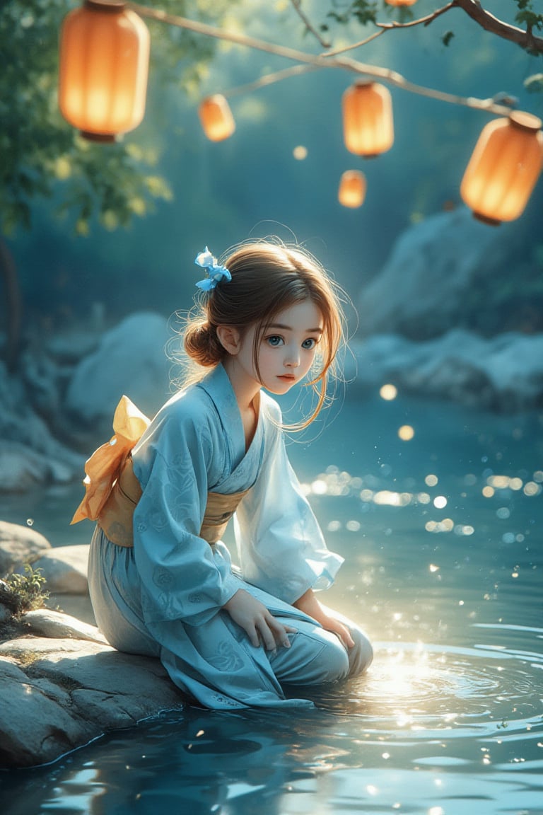 Medium shot of a young girl in a traditional kimono kneeling on the bank of a peaceful river. Her large, bright blue eyes and silky brown hair catch the soft sunlight, illuminating her pensive face as she gently releases Toro water into the flowing river. The composition is centered around her, with the river and vibrant lanterns radiating outward. Watercolor strokes in soft blue and green tones create a peaceful atmosphere. Warm lights and floating lanterns add a soft glow to the tranquil scene.