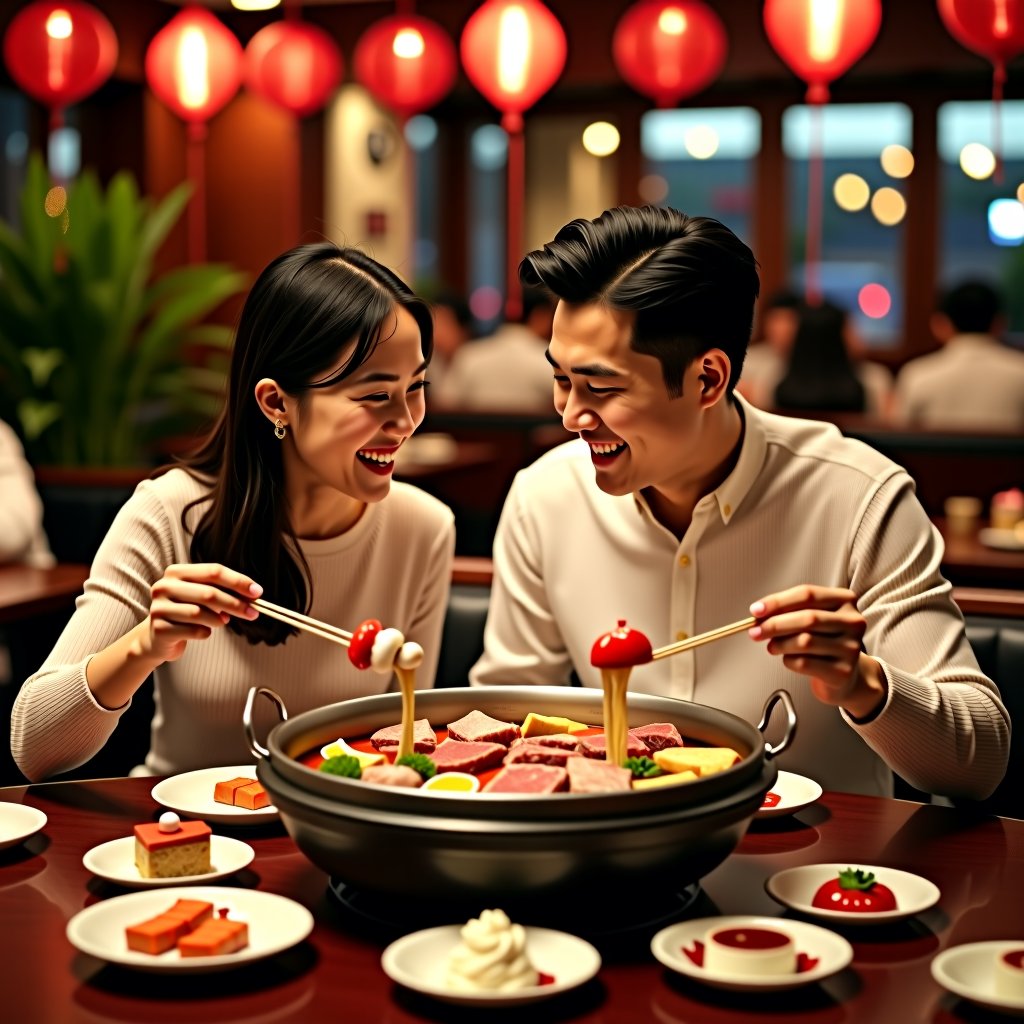 In a Chinese hot pot restaurant, a handsome young man and his beautiful young woman celebrated their two-year anniversary. They happily ate hot pot. The ingredients were very luxurious and fresh. (fresh food), sheep, beef, pork slices, enoki mushrooms, etc., there are love balloons and cakes around, lively atmosphere, background is diners in the restaurant, scene, lively, ultra-detailed realistic details, masterpiece, 8K