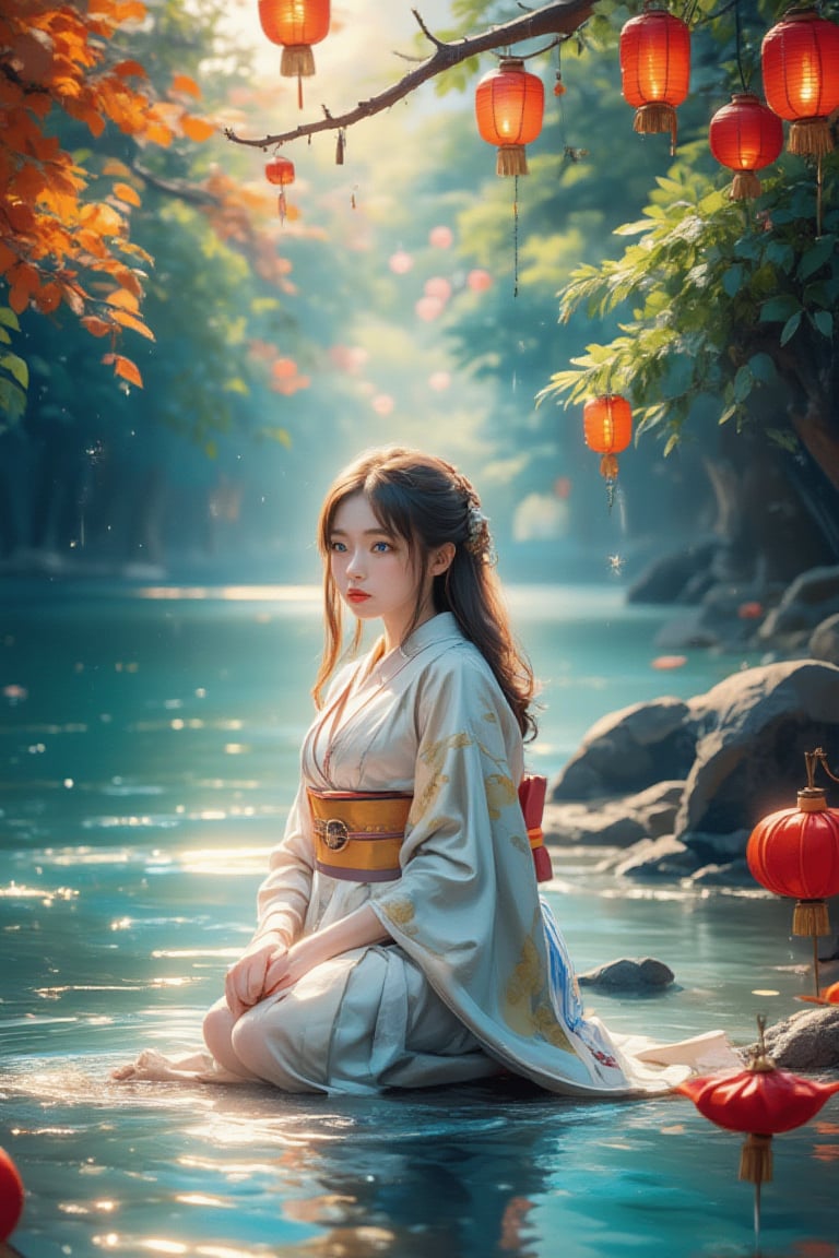 Medium shot of a young girl in a traditional kimono kneeling on the bank of a peaceful river. Her large, bright blue eyes and silky brown hair catch the soft sunlight, illuminating her pensive face as she gently releases Toro water into the flowing river. The composition is centered around her, with the river and vibrant lanterns radiating outward. Watercolor strokes in soft blue and green tones create a peaceful atmosphere. Warm lights and floating lanterns add a soft glow to the tranquil scene.