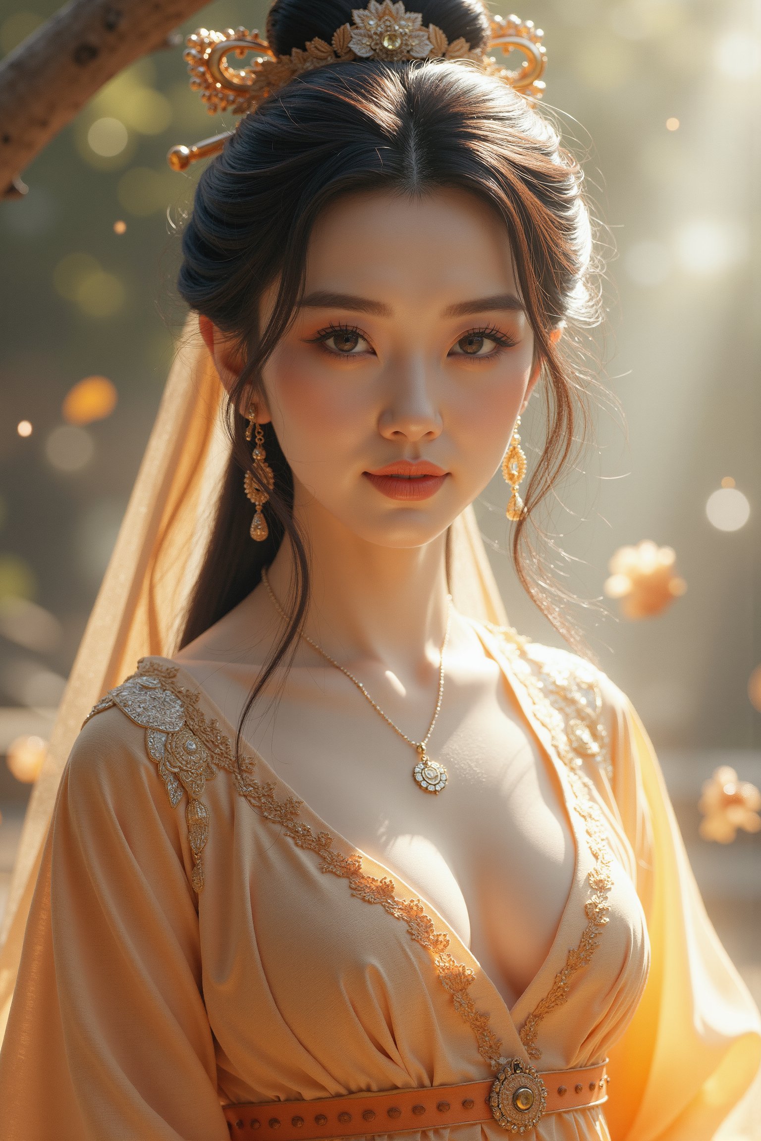 1girl, imagine an ancient Chinese goddess: the goddess Nuwa, wearing a gorgeous and beautiful Han Dynasty dress, and there is a fairy ribbon on her hand. The Hanfu all over her body floats naturally like a magic spell with fairy energy. The clothes she wore were not earthly clothes. They were made of heavenly materials and could not be found on earth. She used magic to make herself levitate in the air. She is very beautiful, even more beautiful than the angels in the West. She is an ancient Chinese goddess. Her face is very beautiful, and even the current Korean supermodels cannot compare to her. The clothes are decorated with intricate Chinese Hunan embroidery, floating gracefully in the air. She looks directly at the viewer with a beautiful smile that makes those who see her feel happy about her. Her clothes exude divine grace and power, and the rich colors and luxurious fabrics symbolize her divine status. As she travels through the void of space, the goddess embodies the timeless beauty and wisdom of the natural world, inspiring awe and reverence in all who see her. Super masterpiece.,wonder beauty