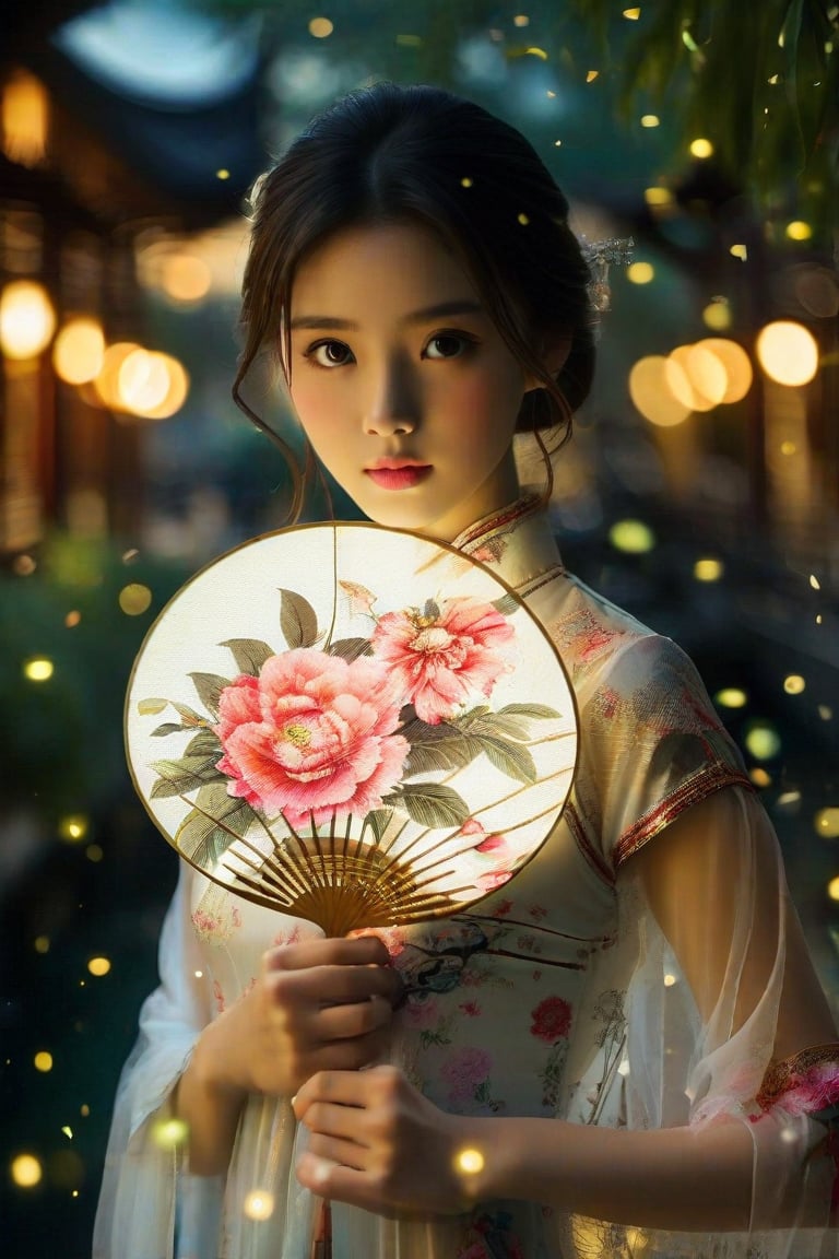 Professional photography: Alessio Albi, a Chinese girl who is more beautiful than a Korean female supermodel. The fan only covers her nose, revealing her beautiful big blue eyes, which are smart and lively, and her eyelashes are naturally long and dense. Peony pattern traditional cheongsam, exquisite Chinese round fan, silk fan surface, long bamboo fan handle body, very detailed details on the girl's face, holding round fan, long bamboo fan handle, Chinese calligraphy text written on the surface of the fan, among the stars In the night environment, nearby lights hint at the arrival of the festival. Highly detailed cinematic lighting, 8K resolution.
A superhuman masterpiece.
