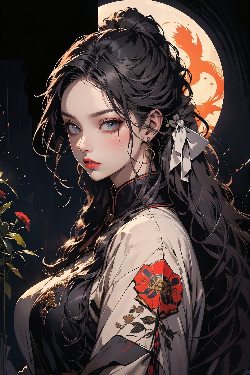 (super perfect quality masterpiece and detailed details), beautiful black plot, complex, extremely high clear resolution, complex lines, (exquisite drawing), 1girl photo of beautiful ancient Chinese girl wearing black clothes holding a sword Long wavy silver hair, hair shining in the moonlight, long sword, weapon, black mask, duet, underwear, big blue eyes, long and thick eyelashes, Han Dynasty general style clothing, print, medium breasts, looking straight The audience's eyes showed a fierce and intense emotion. The audience felt the atmosphere strongly. Ponytails, hair accessories, flowers, and blood splashed into several fox lines, perfect killing skills, the enemy fell, and the throat was sealed with a knife, super delicate and clear, perfect illustration,
BREAK Beautiful lighting, beautiful glow, Vadim Kass’ artistic style plus Jae Hyun Art. light and shadow.whole body.